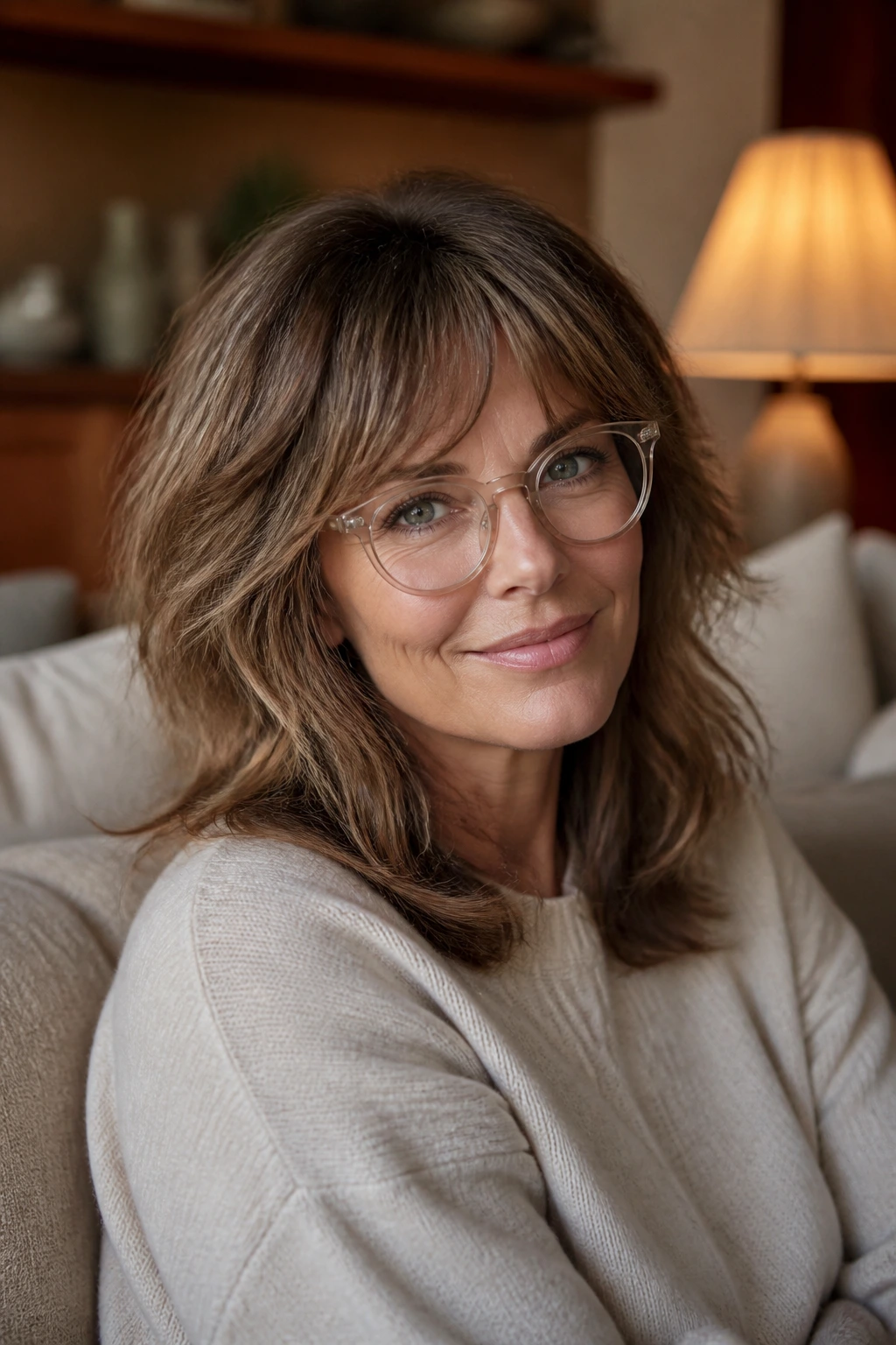 Close-up of a real woman with soft blended shag and temple-framing layers wearing light glasses