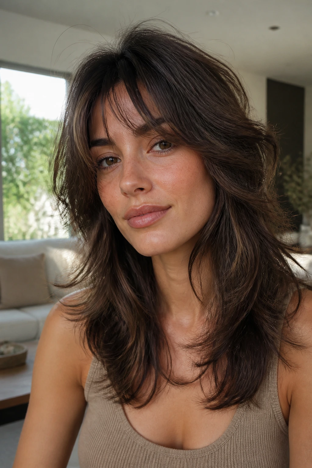 Close-up of a real woman with a soft, textured shag blowout.