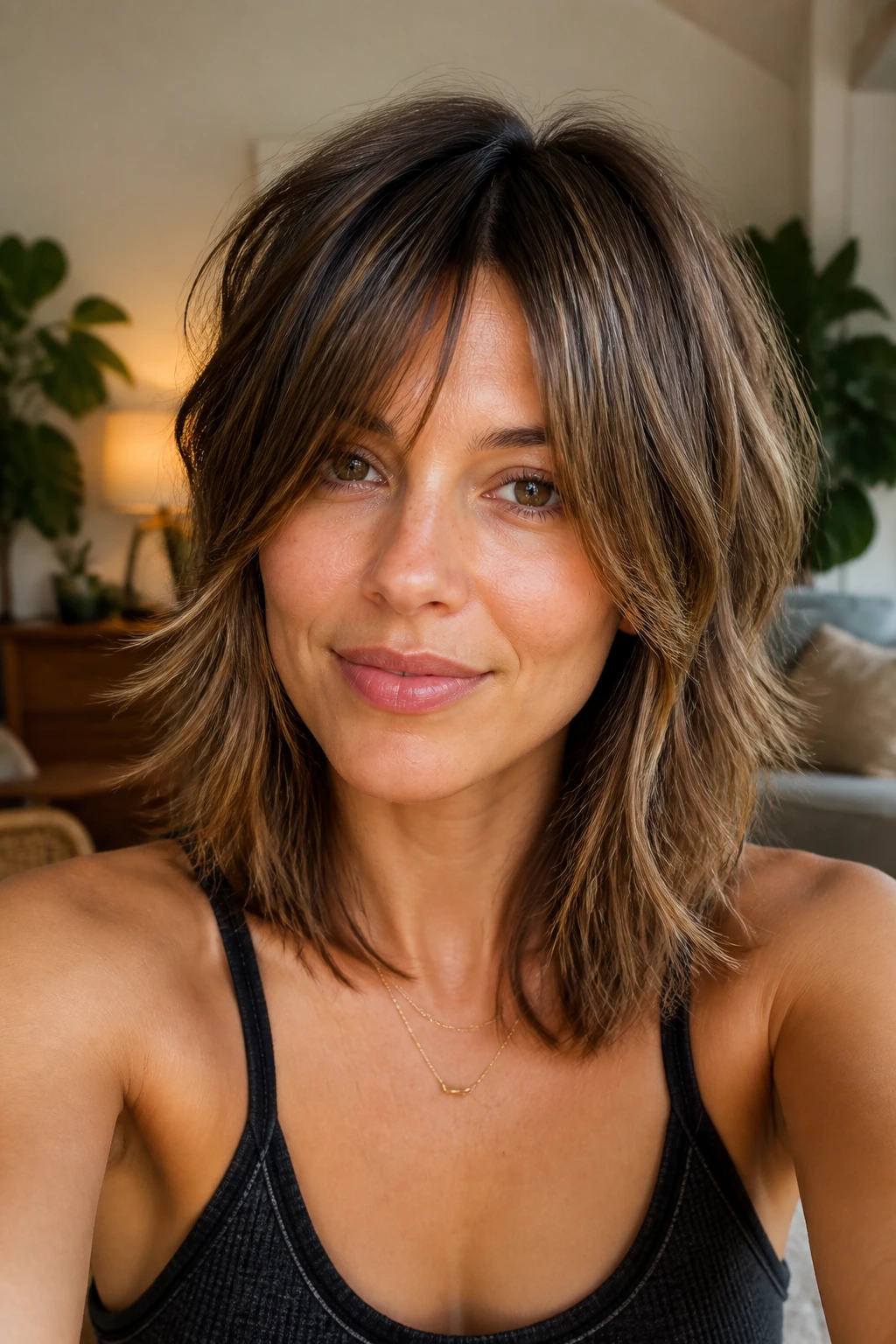 Close-up of a real woman with soft shag blowout texture