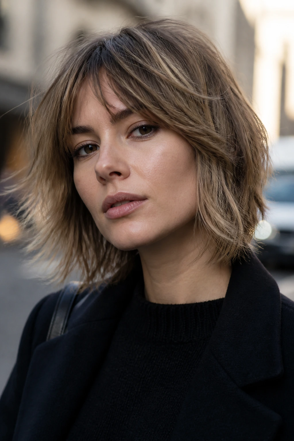 Real woman with soft shag bob showing layers and movement.
