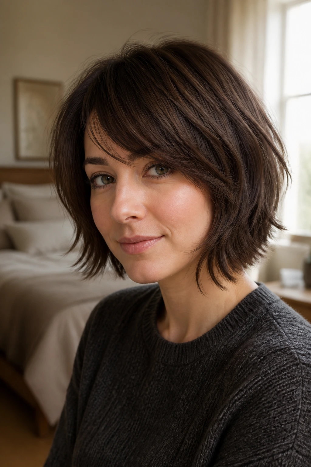Close-up of a real woman with a soft shag bob and face-framing pieces in warm window light