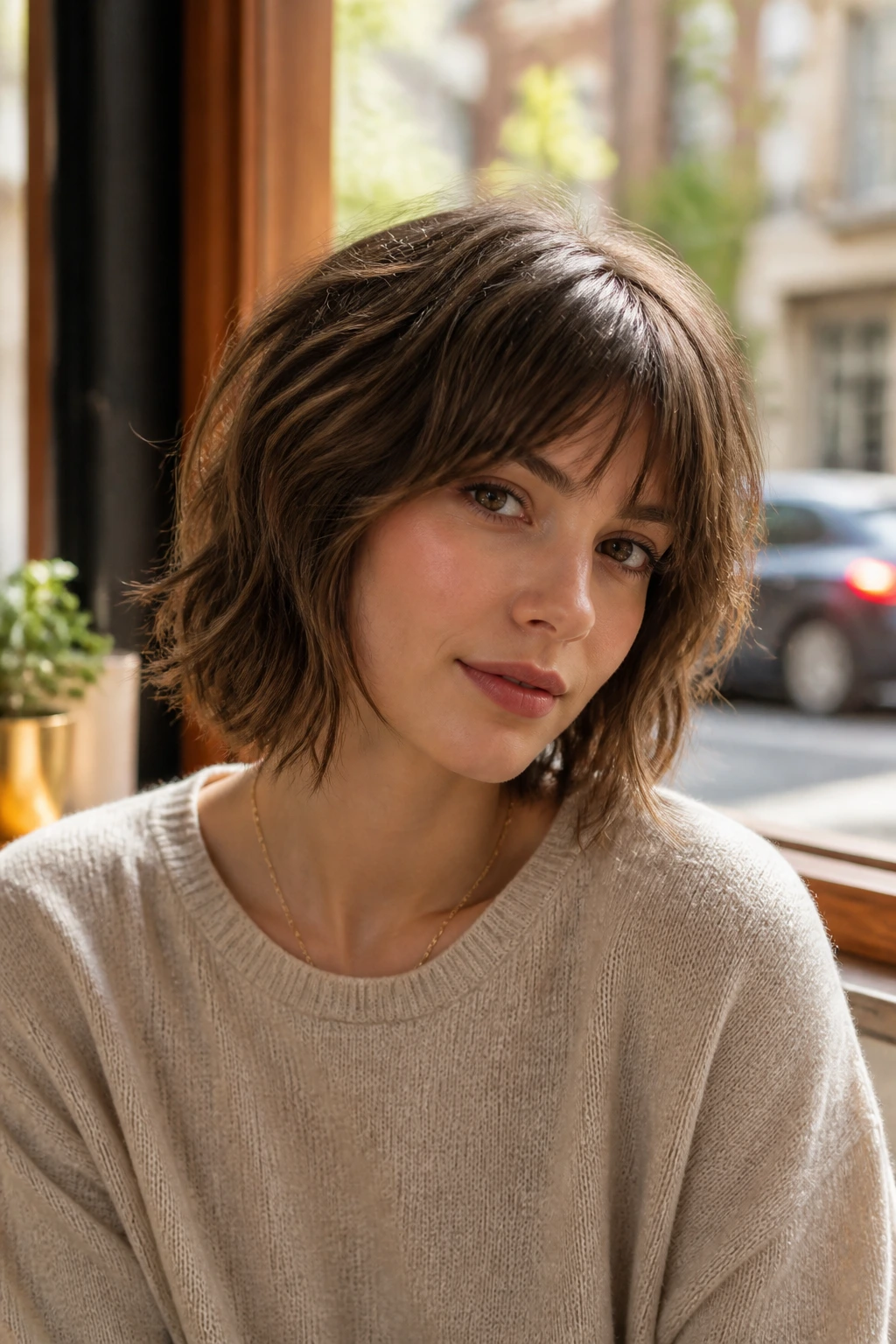 Close-up of real woman with soft shag bob showing subtle texture