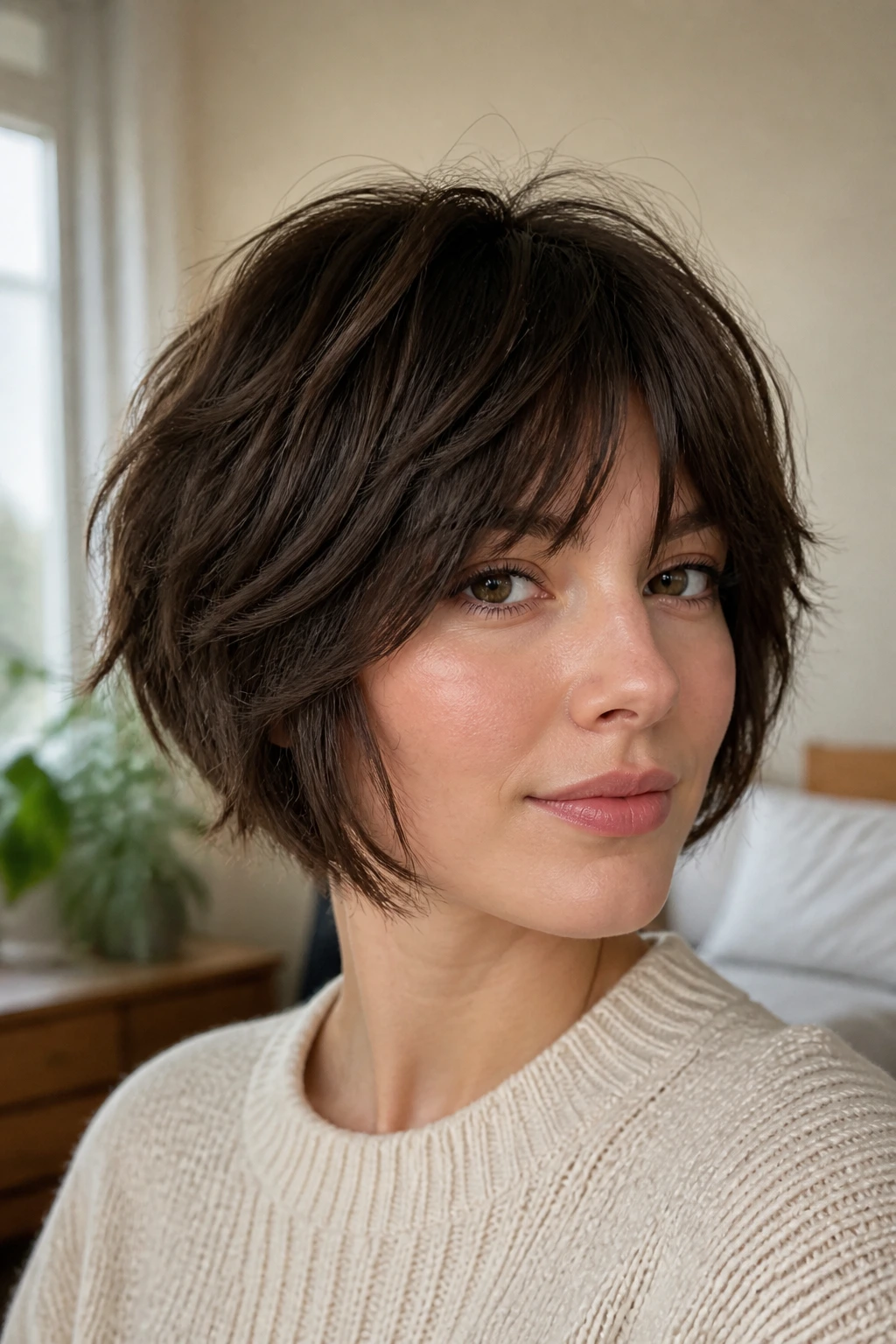 Close-up portrait of a real person wearing a soft shag bob in a cozy bedroom with natural light