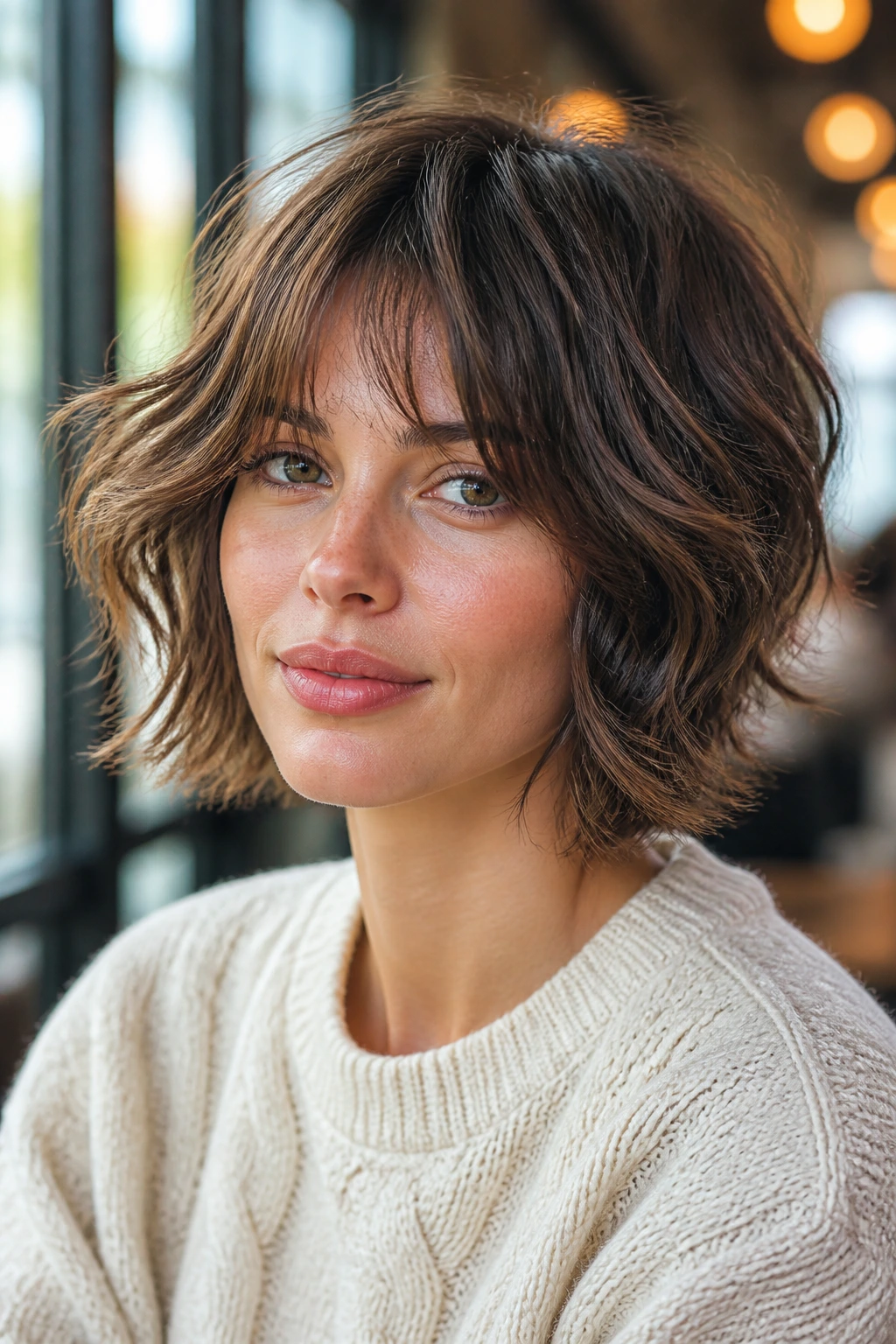 Close-up of a real woman with a soft shag bob and gentle waves.