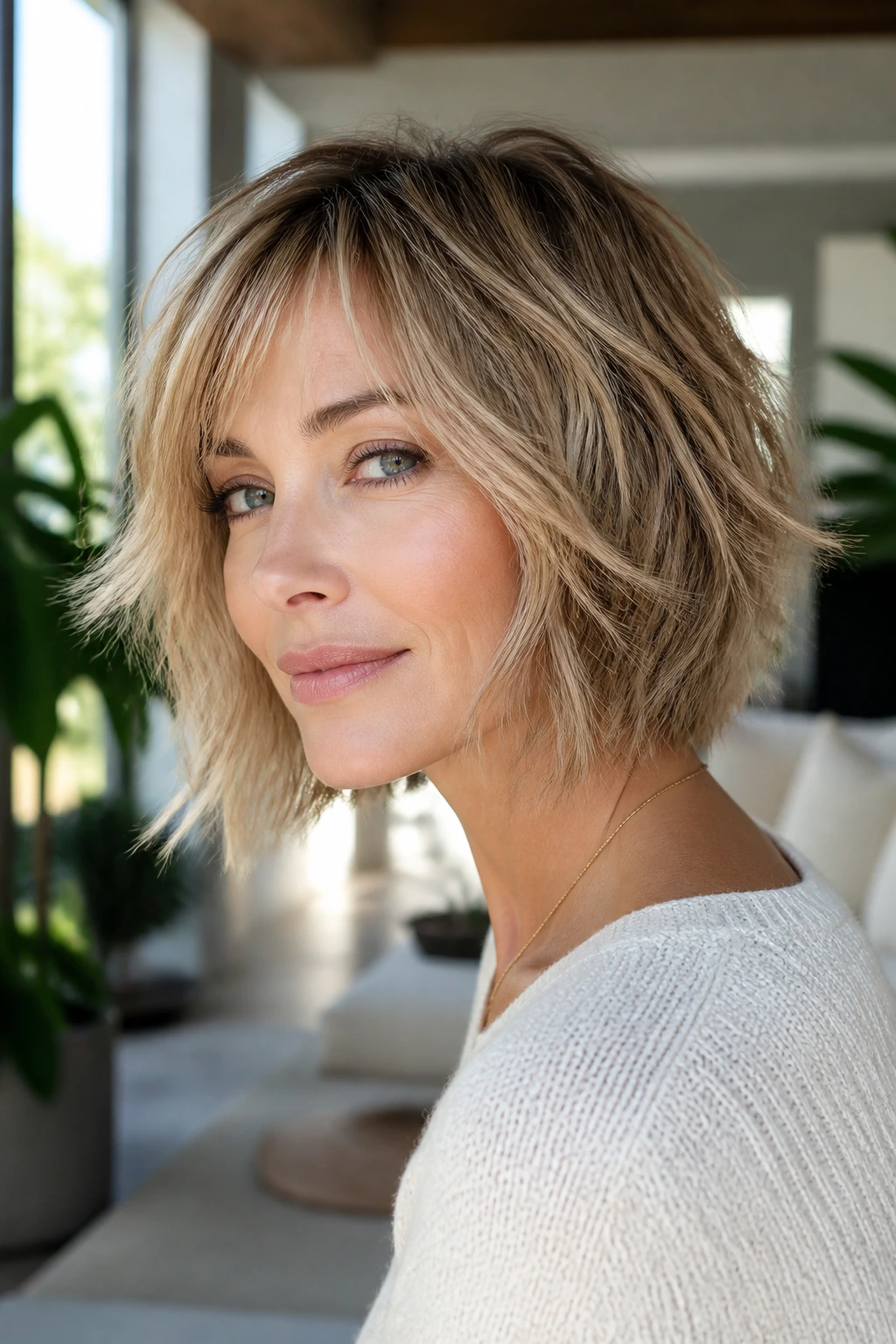 Real woman with soft shag bob and wispy layers in a sunlit living room