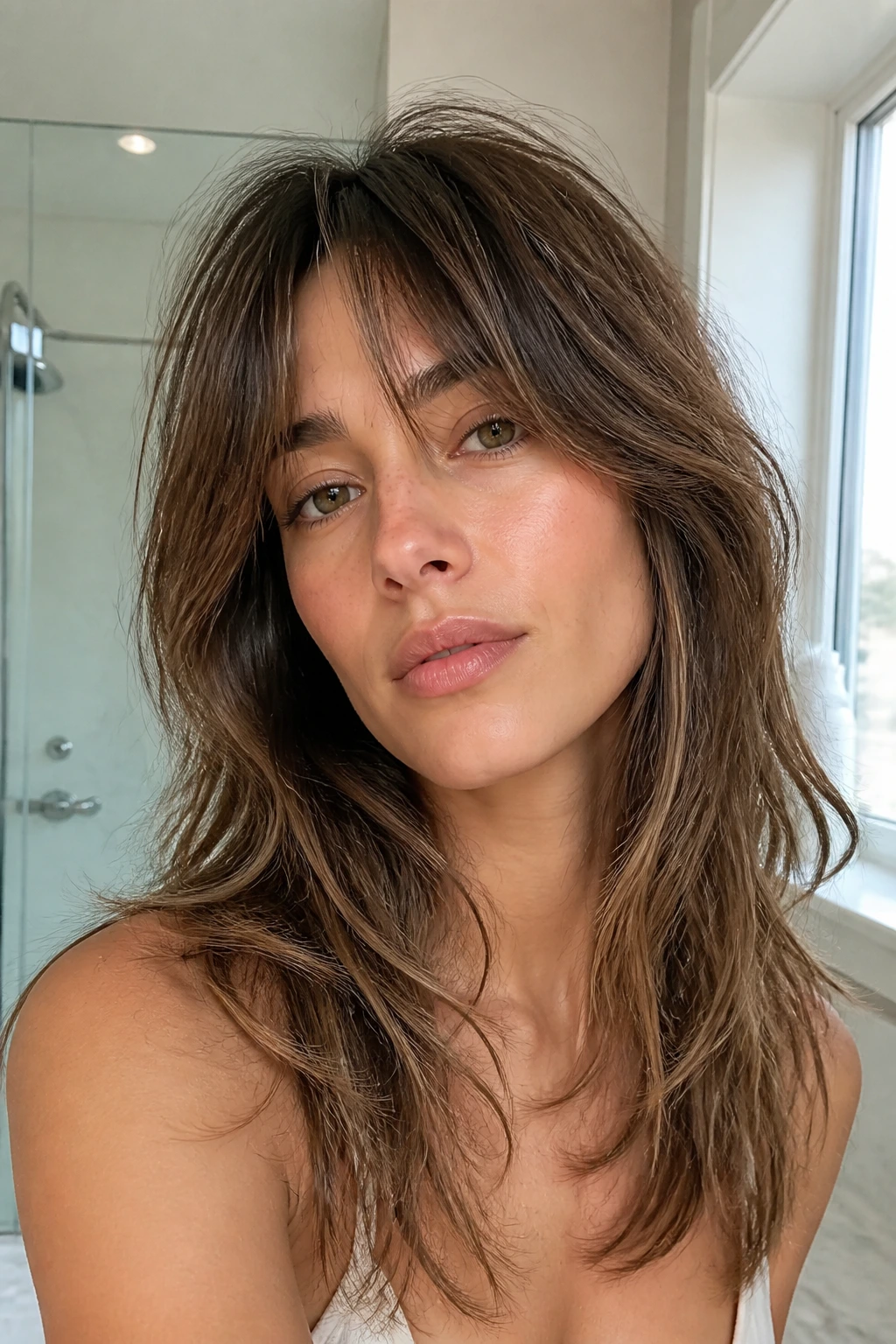 Close-up of a person with soft shag and bottleneck bangs