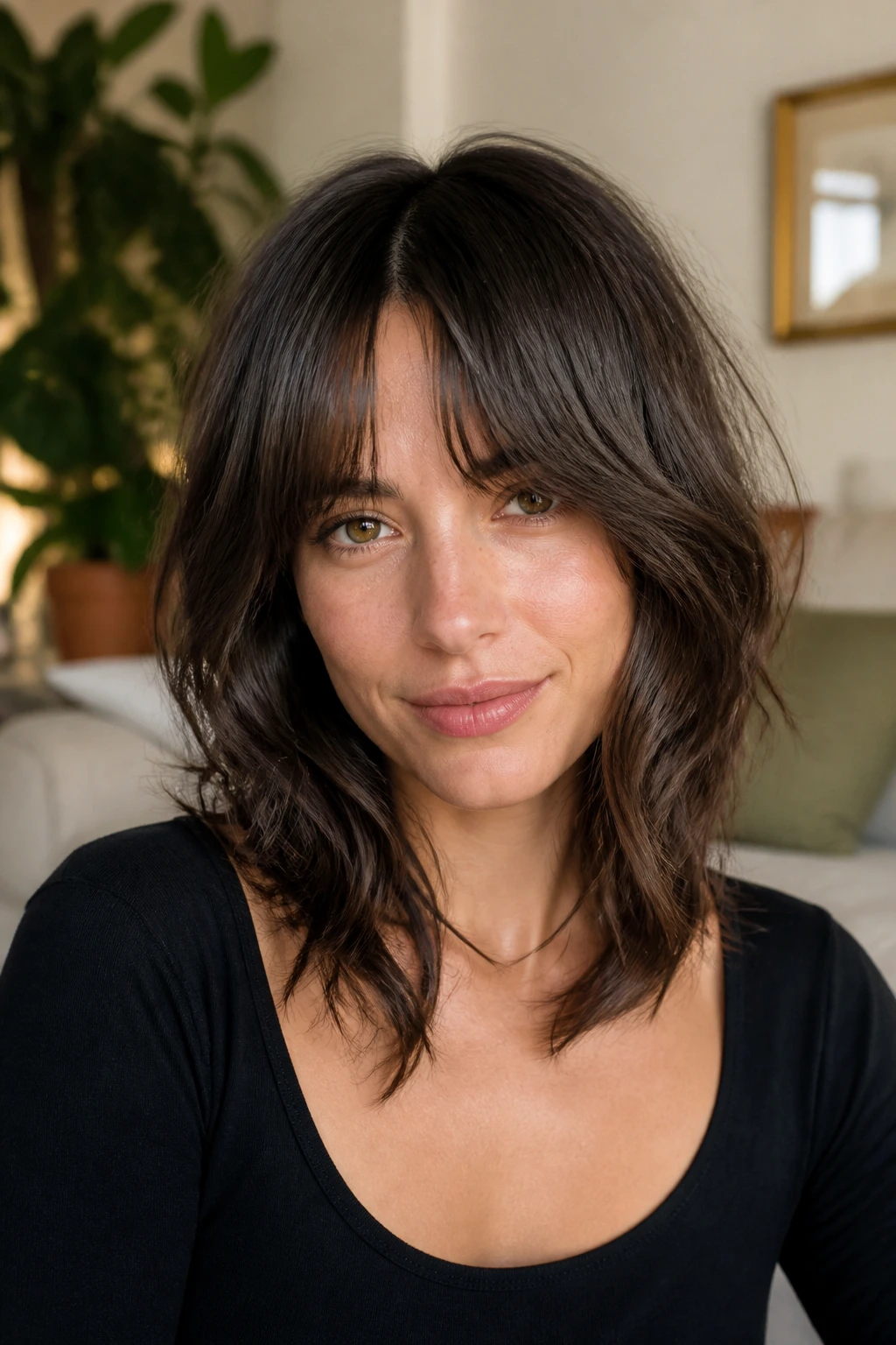 Close-up of a real woman with a soft shag and bottleneck bangs