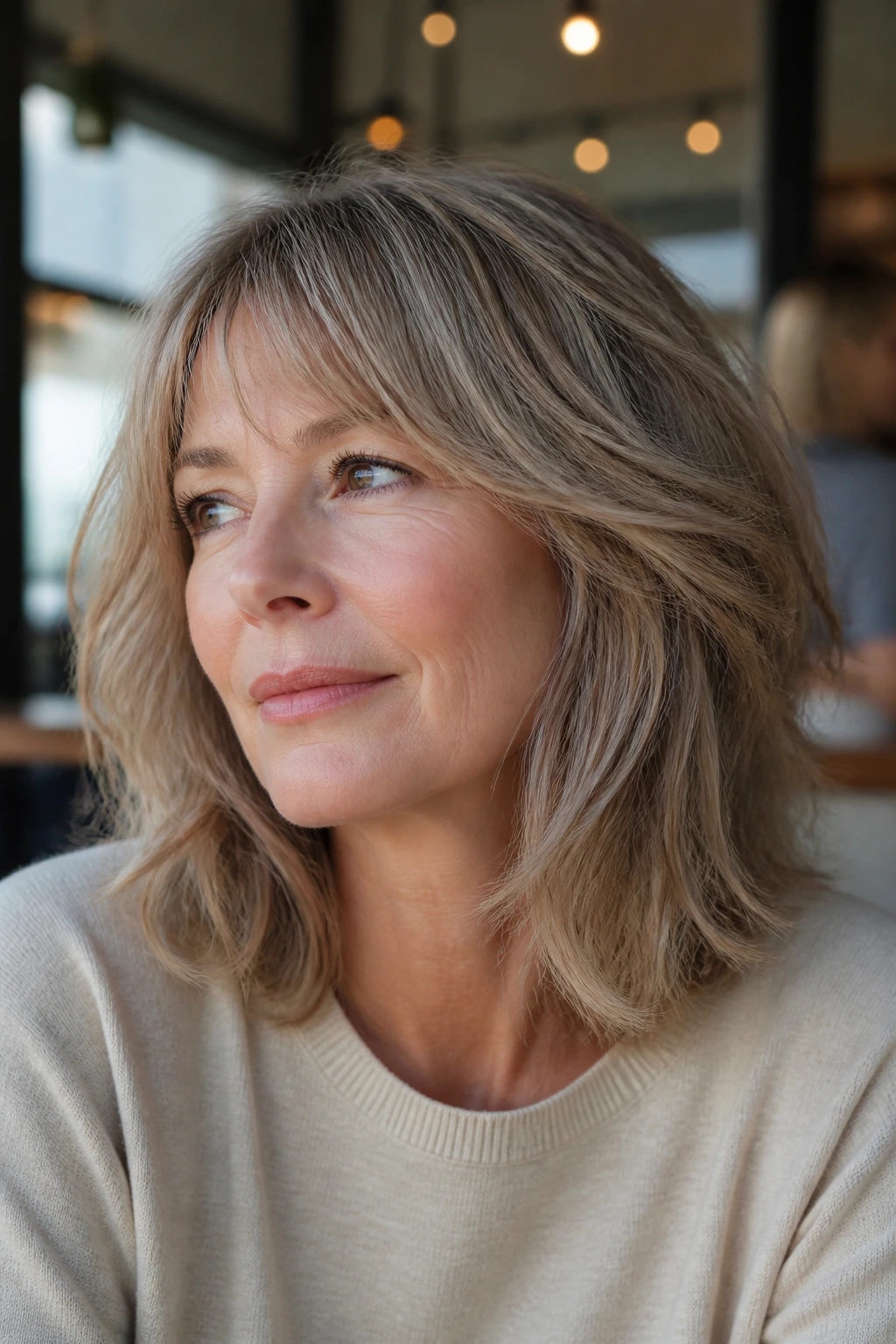 Close-up of a real woman with a collarbone-length soft shag bob in natural light