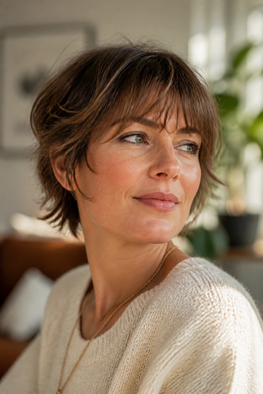Close-up of a real woman with soft shag crop and brow-skimming fringe in warm home light.