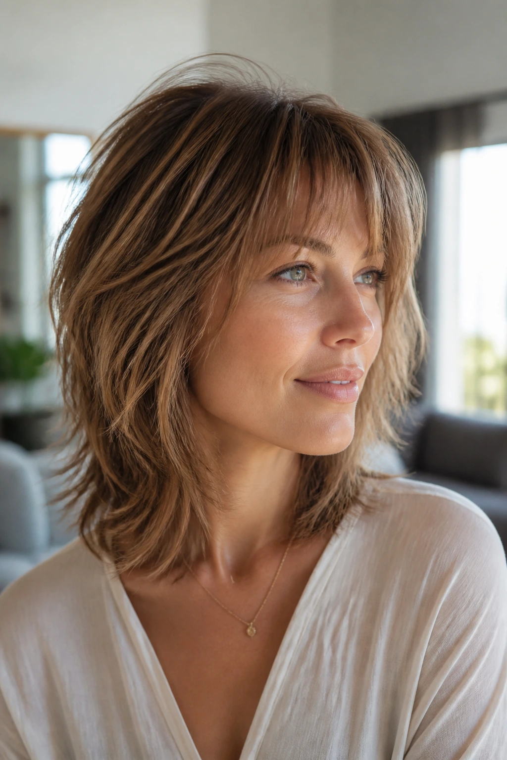Close-up of soft shag with light crown for delicate hair texture
