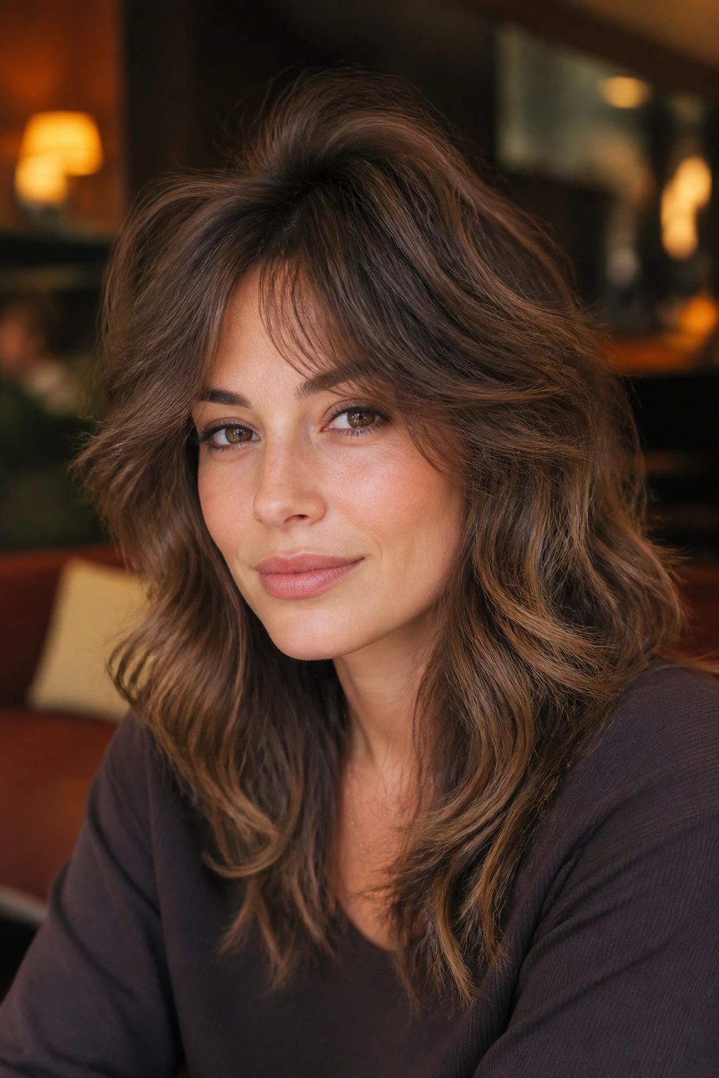 Close-up of a woman showing soft shag with a light crown lift