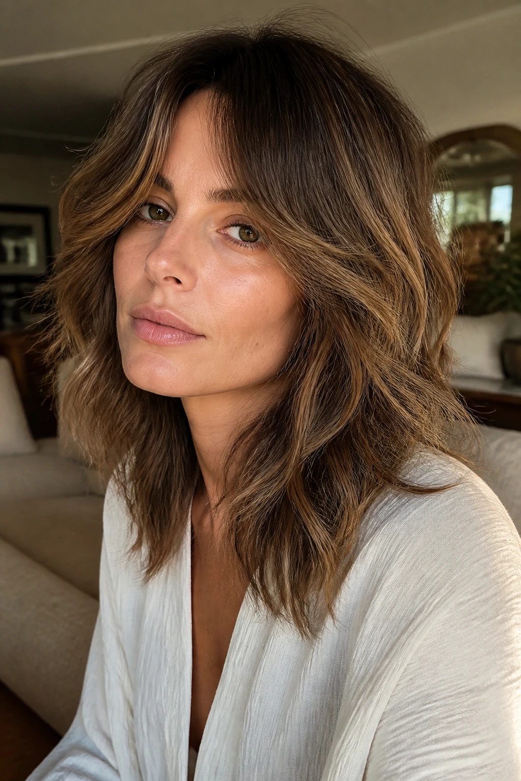 Close-up portrait of a person with soft shag layers and curtain bangs