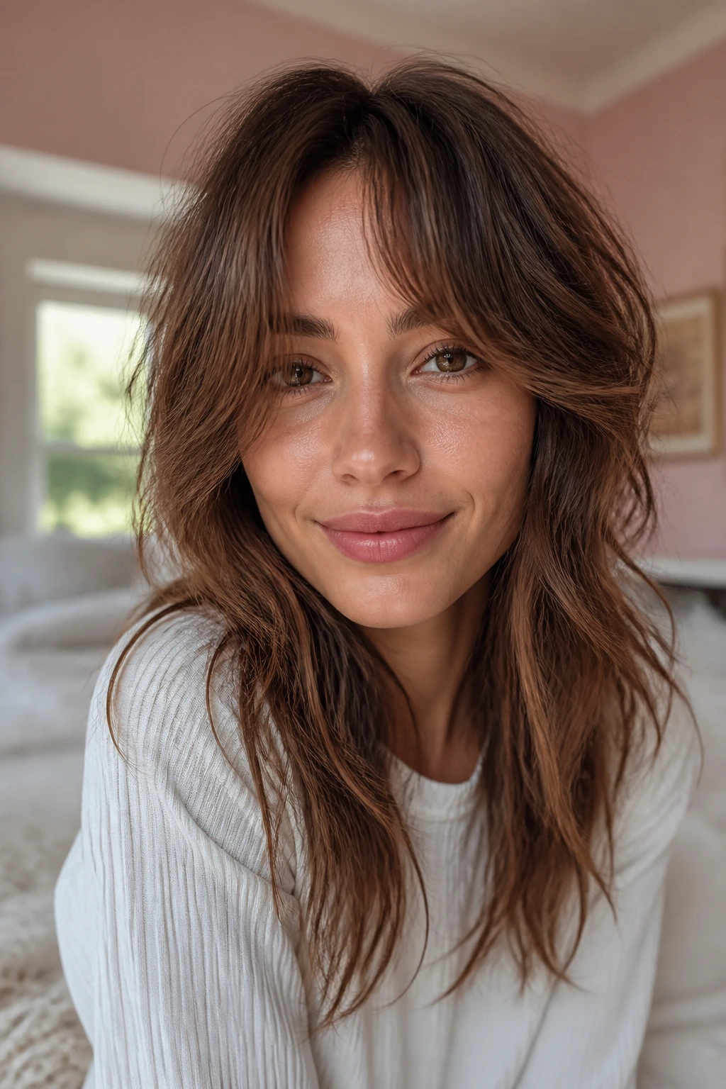 Close-up portrait of a real woman showing soft shag curtain bangs with feathered fringe in natural bedroom light