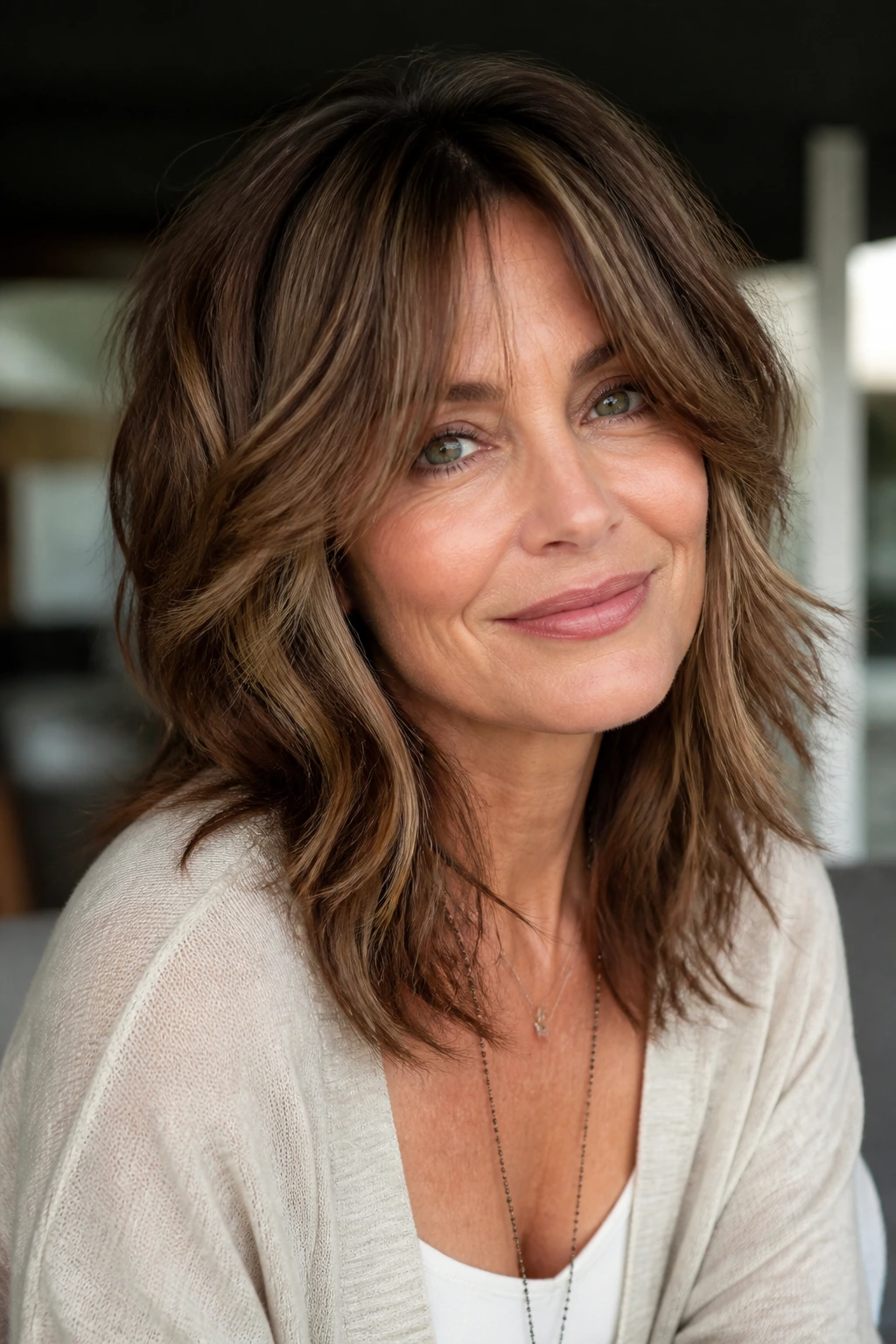 Close-up portrait of a real woman with soft shag and curtain bangs.