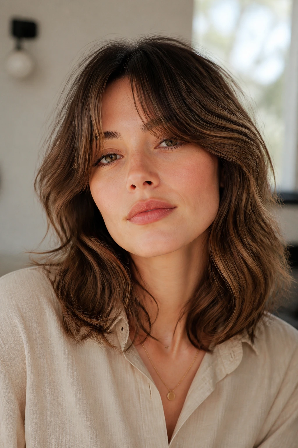 Close-up of a real person with a soft shag and curtain bangs