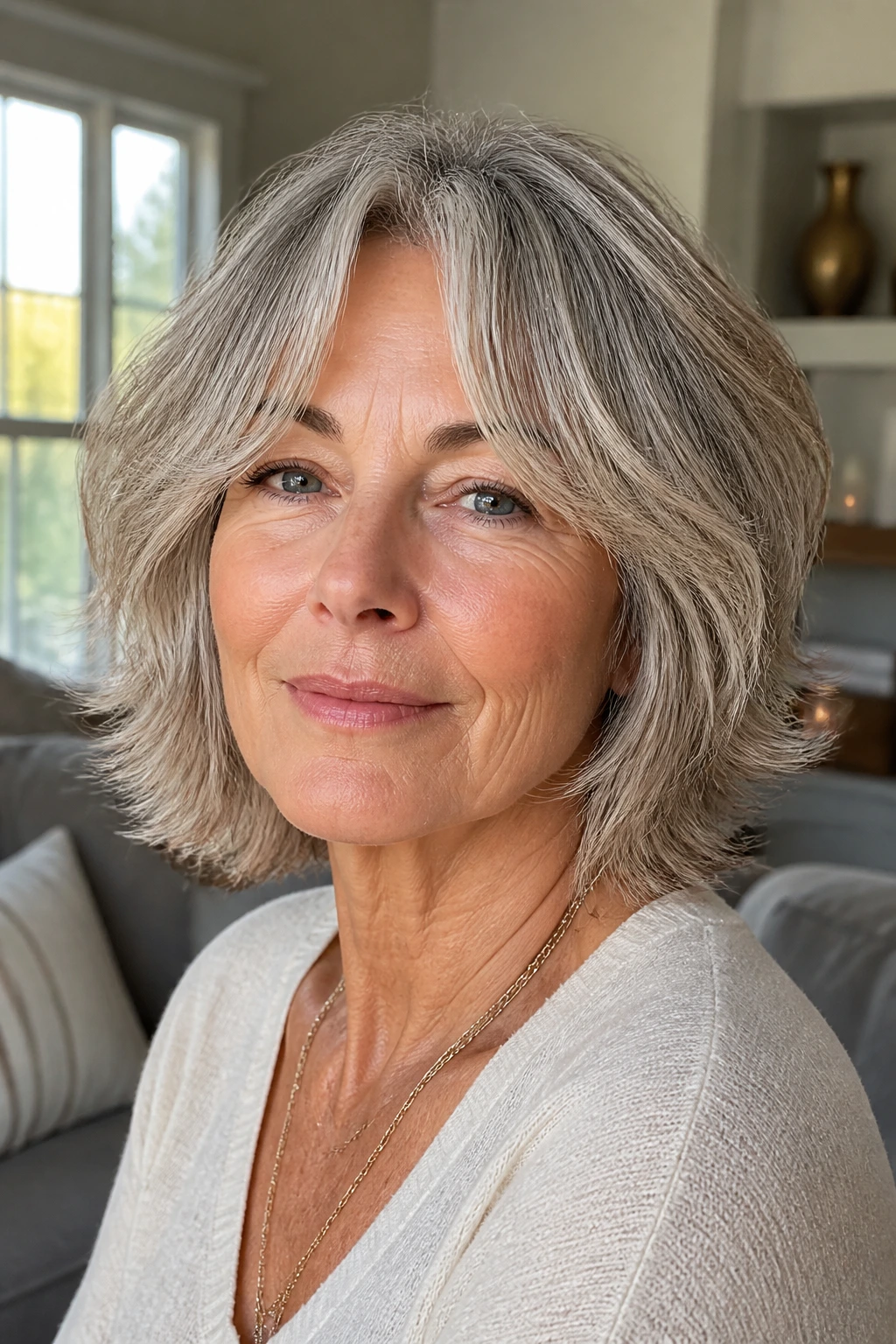 Real woman with soft shag and curtain fringe, front view with gentle wave.