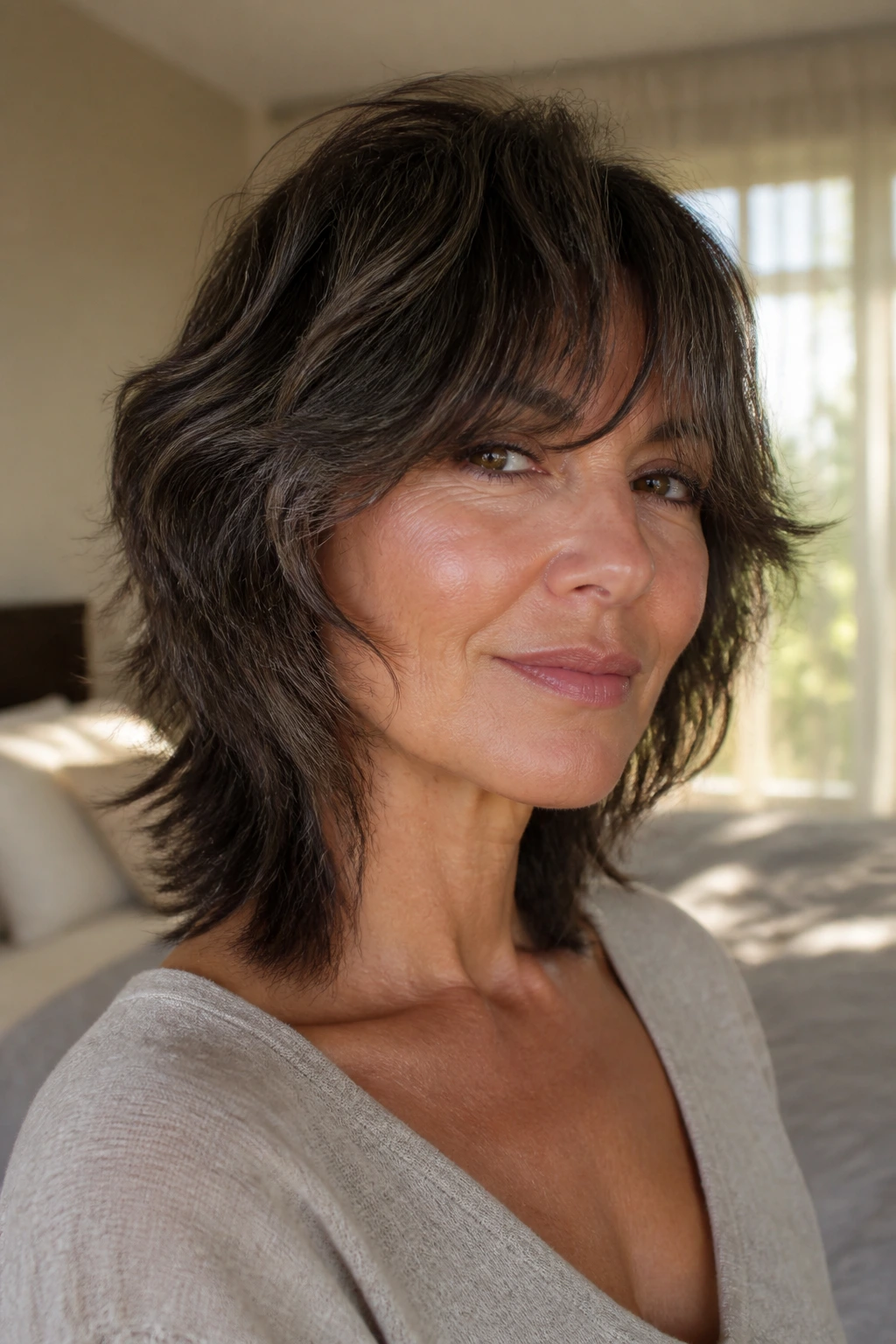 Close-up portrait of a real woman with a soft shag curtain-fringe hairstyle on thick hair