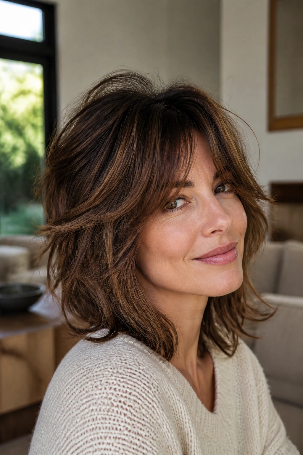 Portrait of a real person with soft shag curve hairstyle showing movement.
