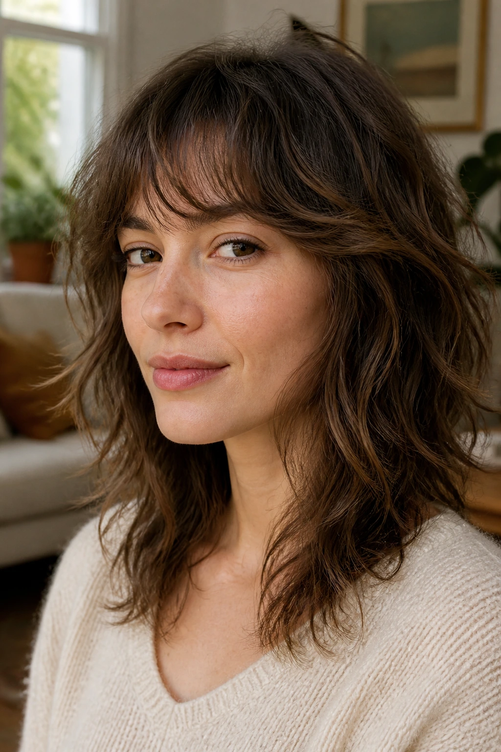 Close-up portrait of a real person with curved bangs shag wolf hairstyle in a cozy living room setting.