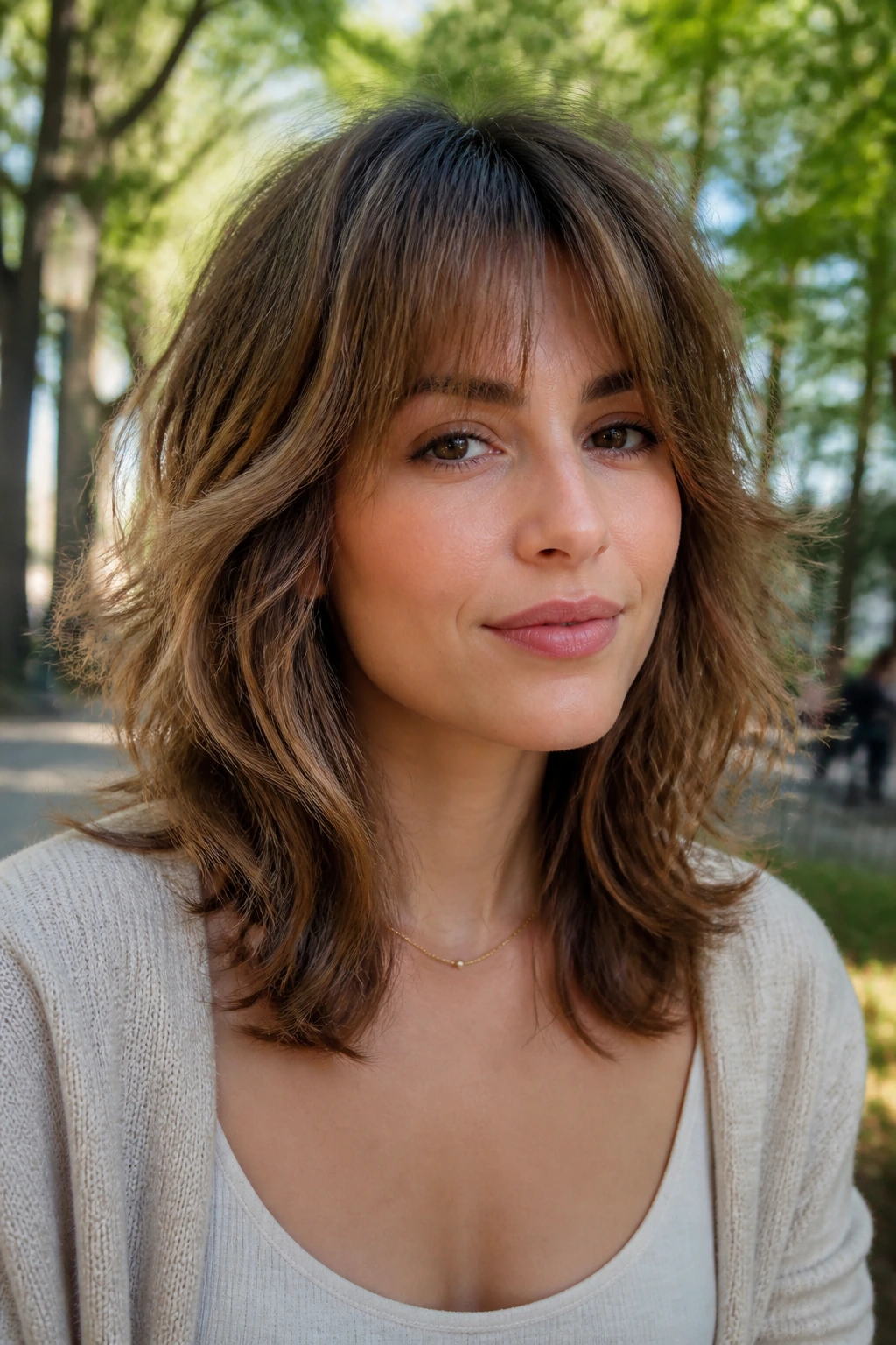 Portrait of a woman with soft shag feathered shoulder-length hair outdoors