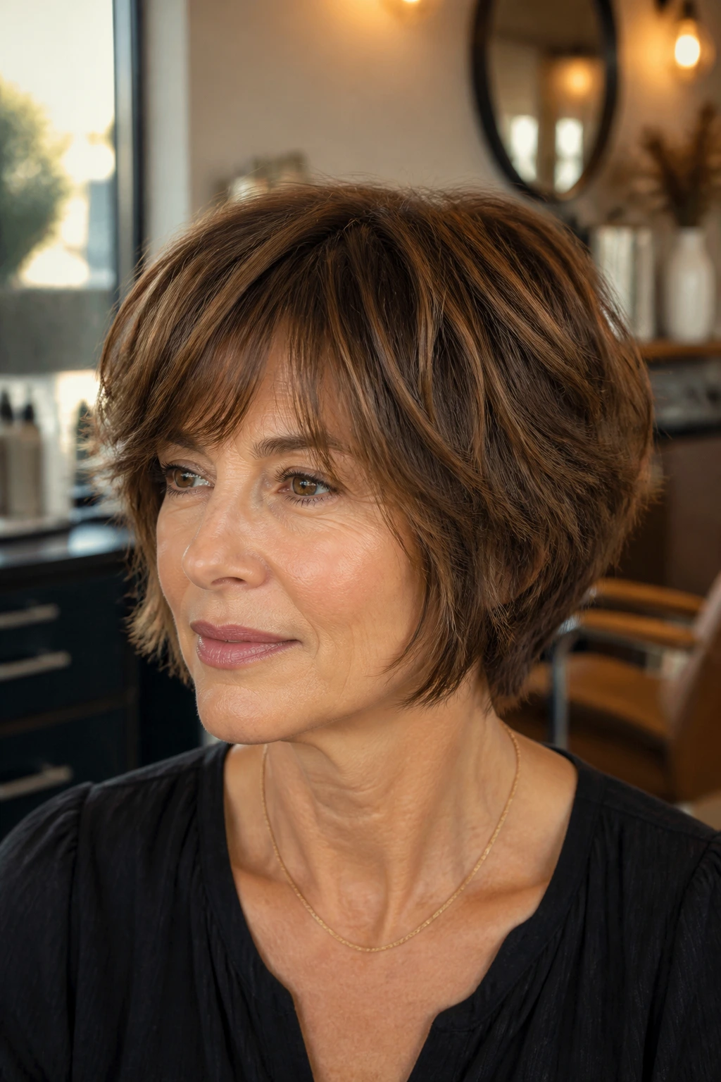 Close-up portrait of a real woman with chin-length soft shag for fine hair in a warm salon setting