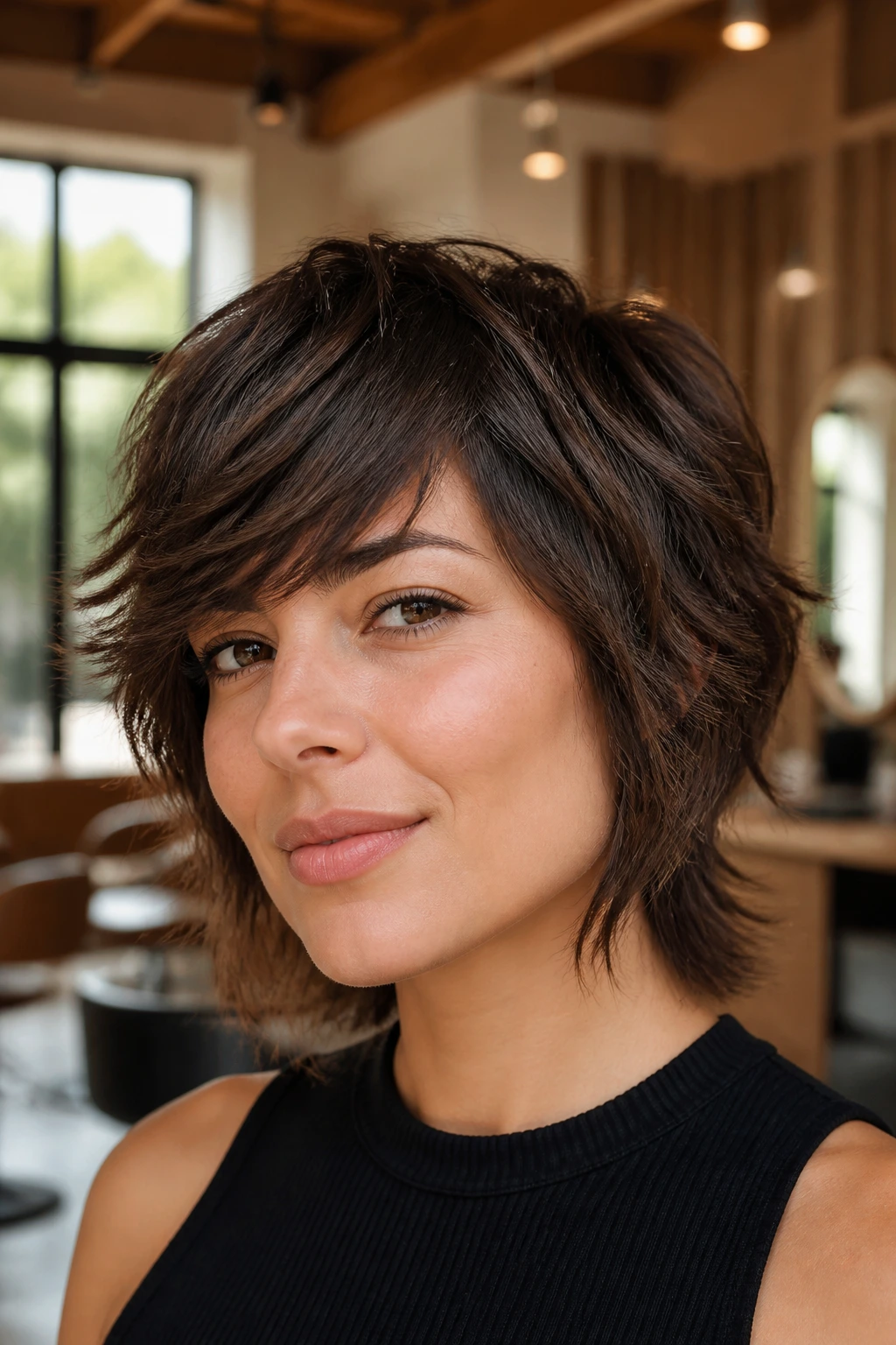Close-up portrait of a real woman with a soft deconstructed shag and swept fringe