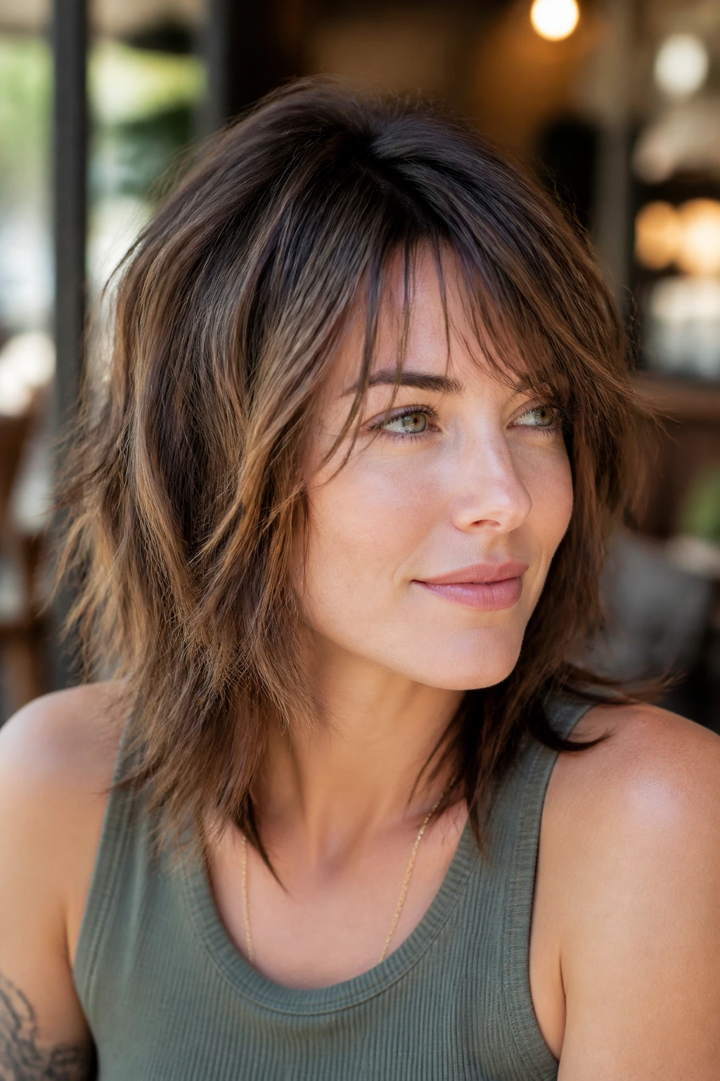 Close-up of a real woman with soft shag and piecey side fringe in a sunlit cafe