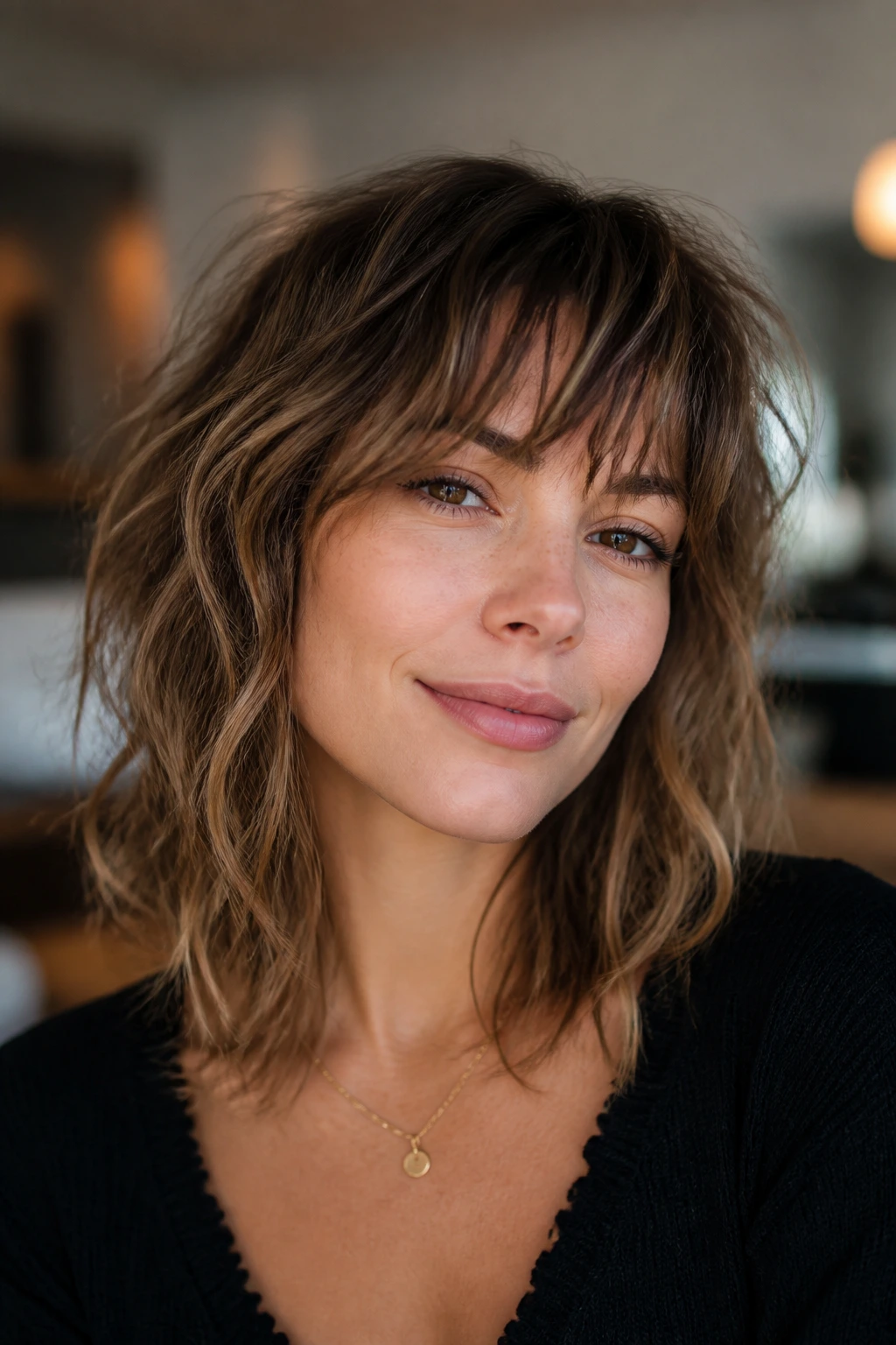 Close-up of a real woman with soft shag and choppy fringe showing texture