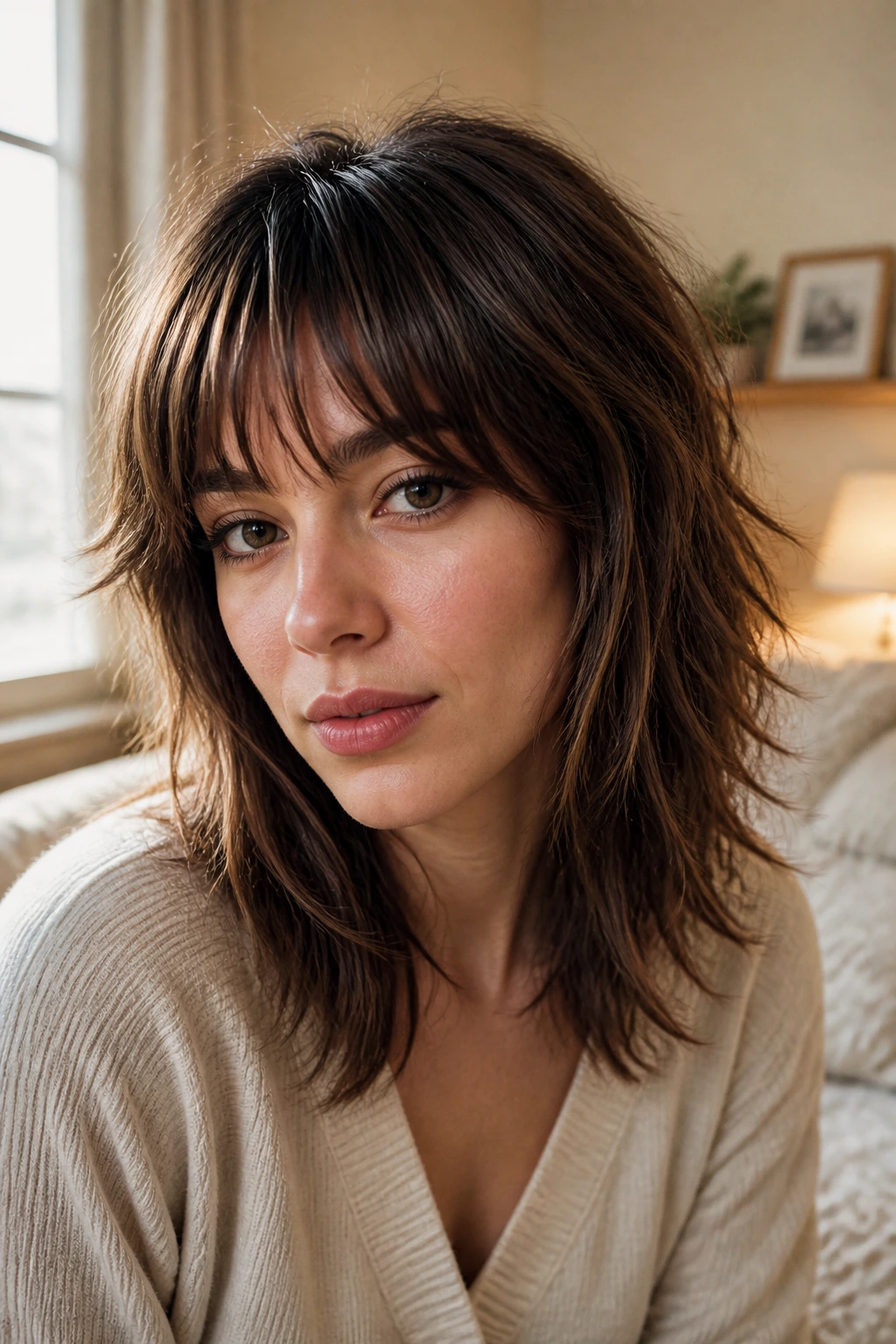 Portrait of a woman with a light fringe styled in a soft shag variation