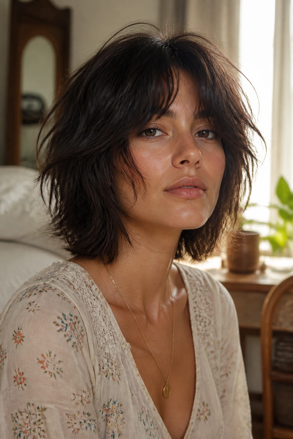 Close-up portrait of a woman with a soft shag haircut showing cheekbone-length layers in a sunlit bedroom.