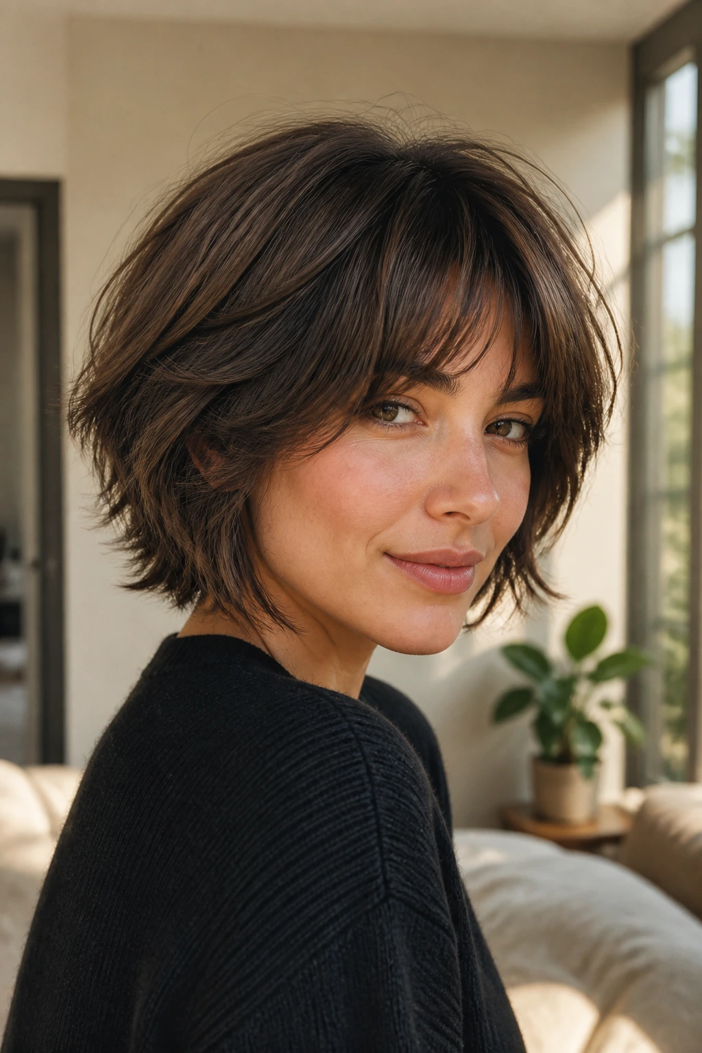 Real woman with soft shag hybrid bob variation on thick hair