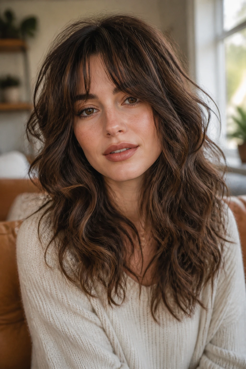 Close-up portrait of a real woman with Soft Shag Hybrid hairstyle in warm natural light.