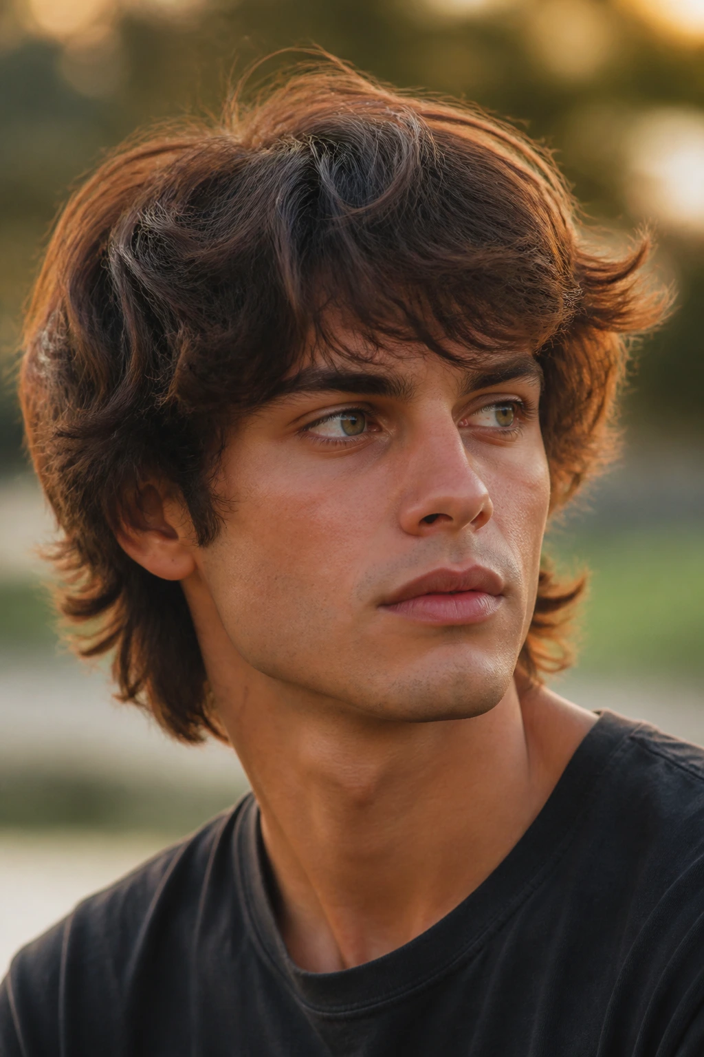 Close-up of a person with soft shag hairstyle moving in the breeze