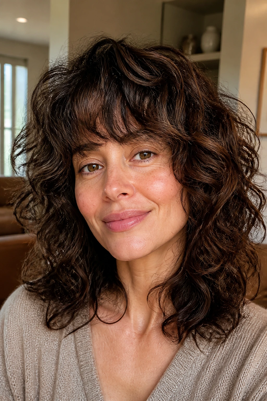 Close-up portrait of a real person with a soft shag showing layered shape and fringe.