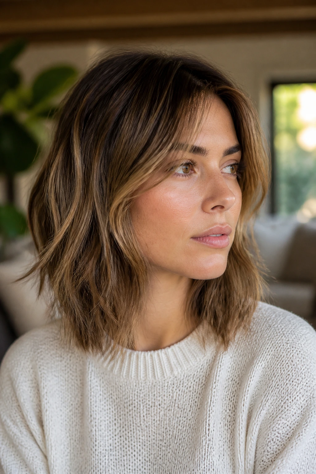 Portrait of a woman with a soft shag lob showing movement and balanced weight