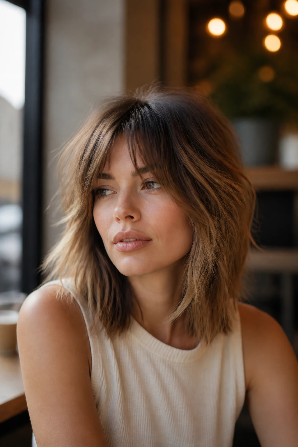 Close-up of a woman with soft shag lob featuring lifted crown and airy fringe