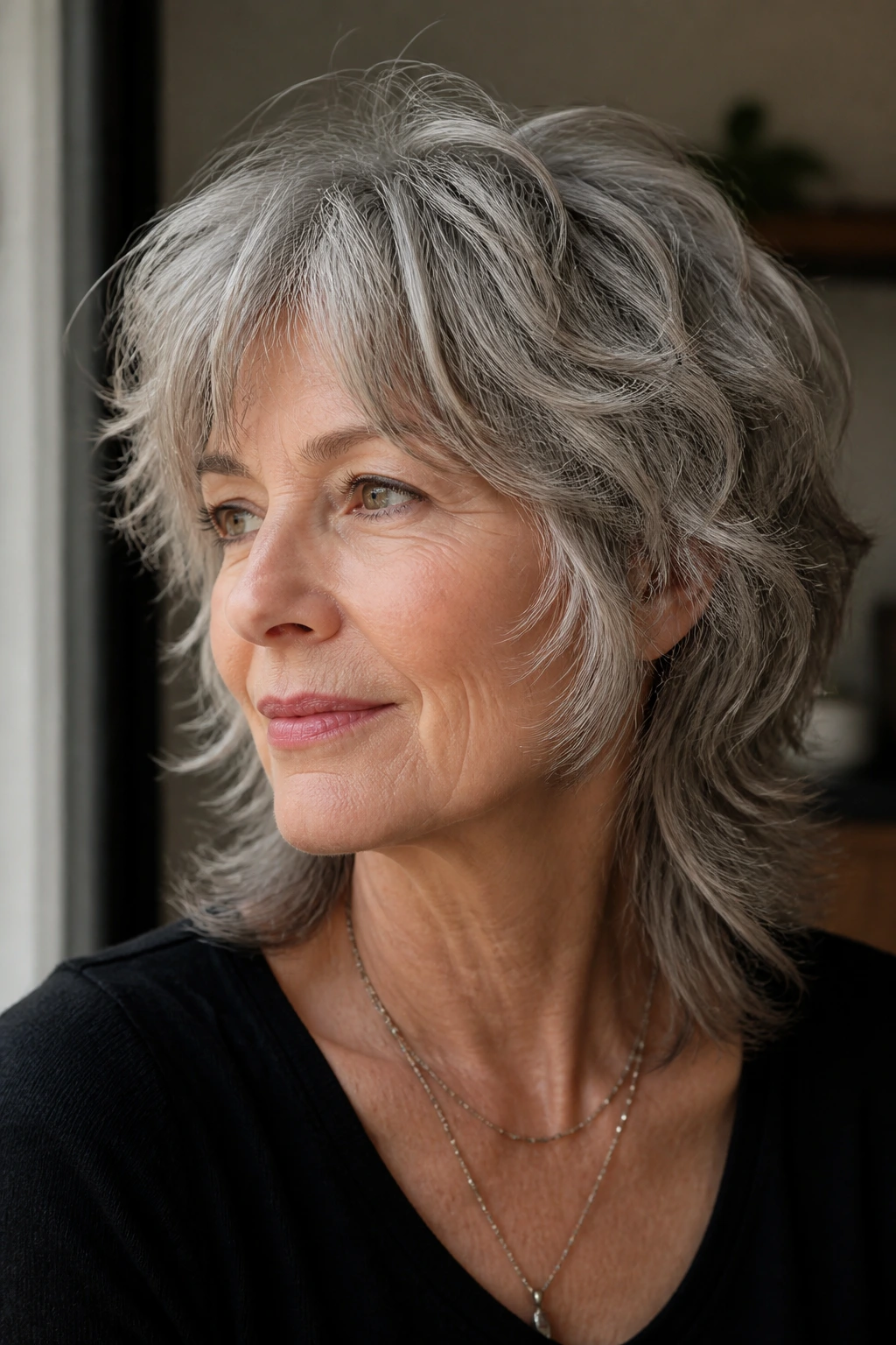 Close-up of a real woman with a soft shag mullet and cheekbone layers