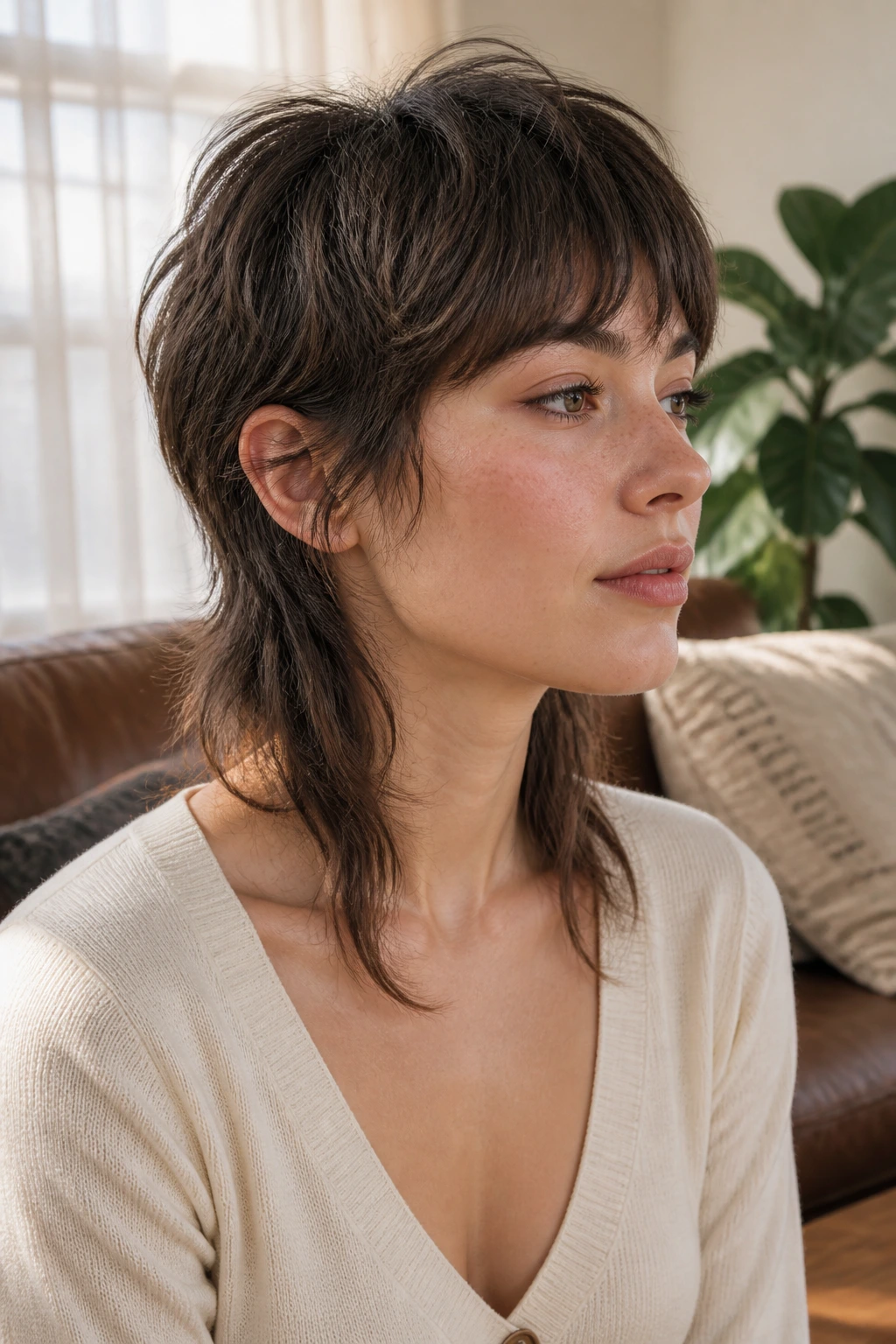 Real woman with soft shag-mullet in a sunlit living room
