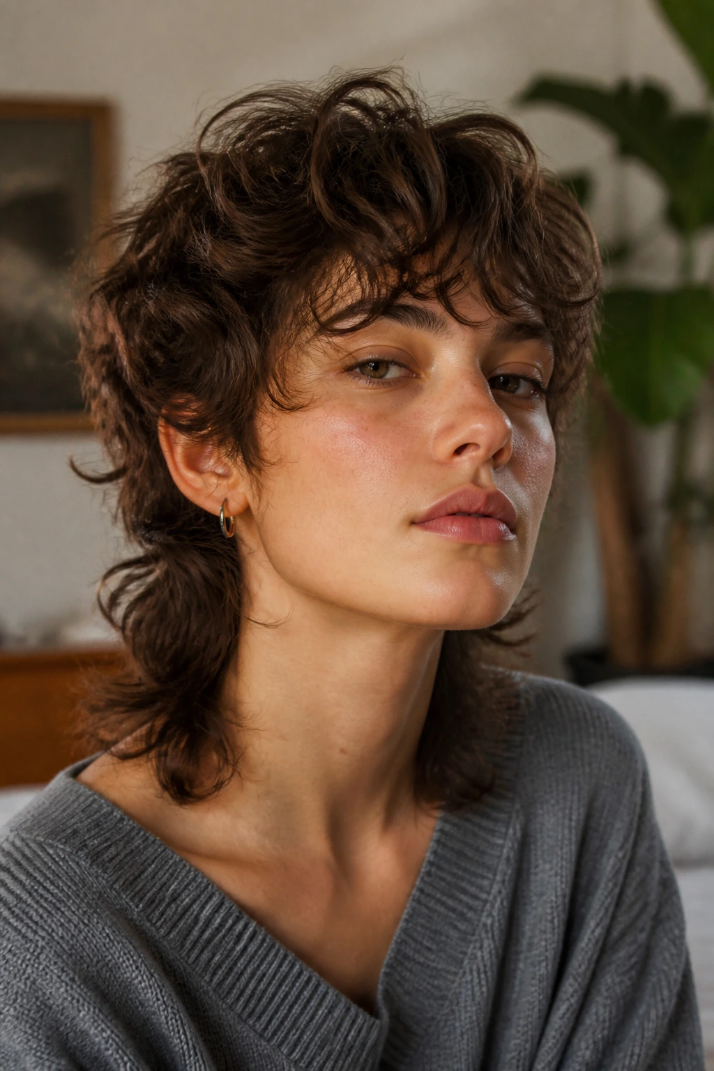 Real person with soft shag mullet, loose waves and feathered sides
