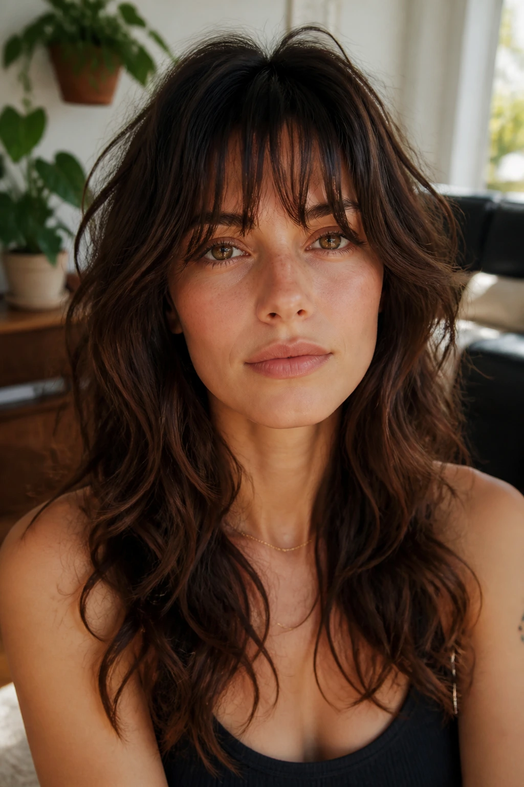Portrait of a real woman with soft shag and piecey bangs, waves lifted