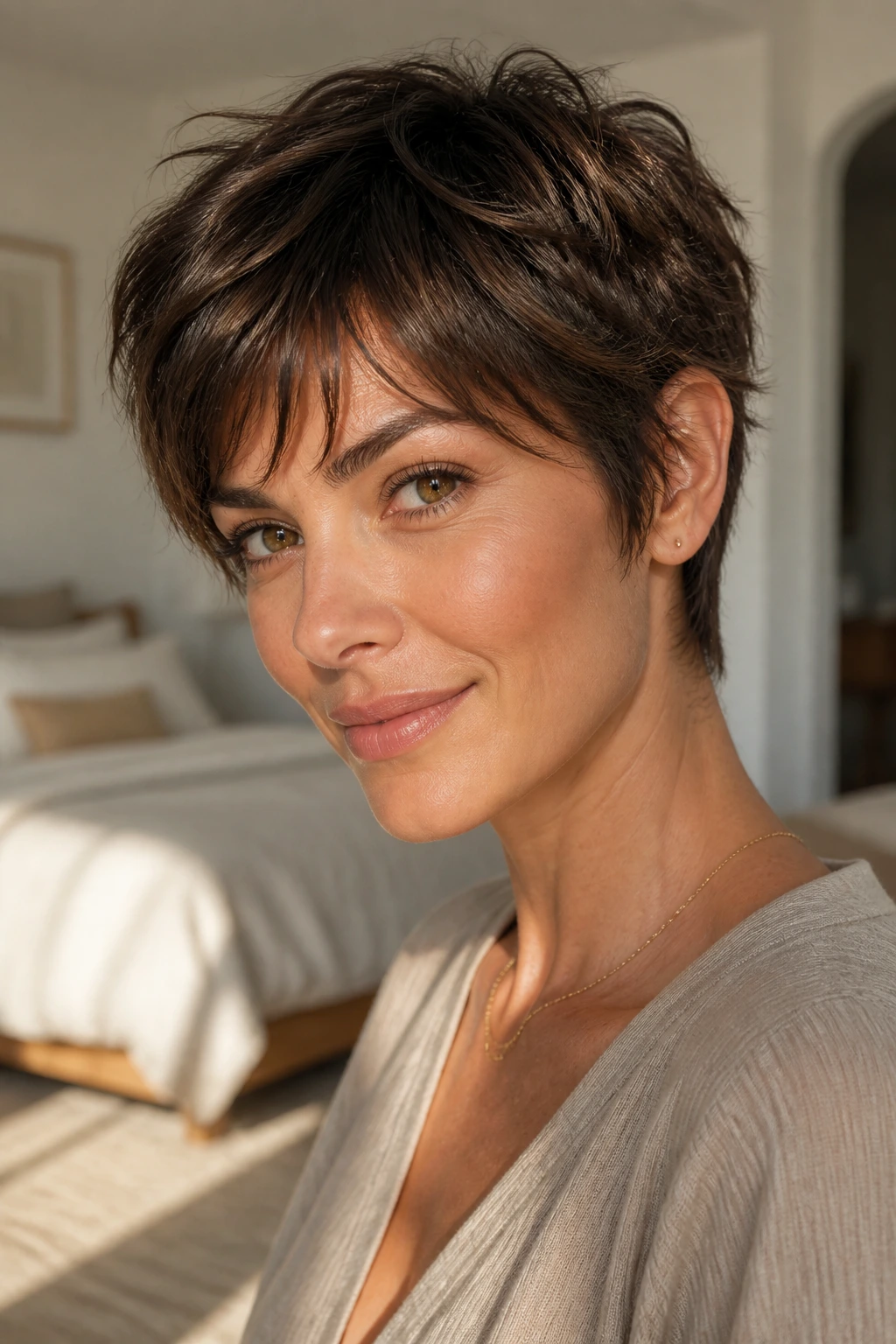 Close-up of a real woman wearing soft shag pixie with wispy fringe and feathered sides