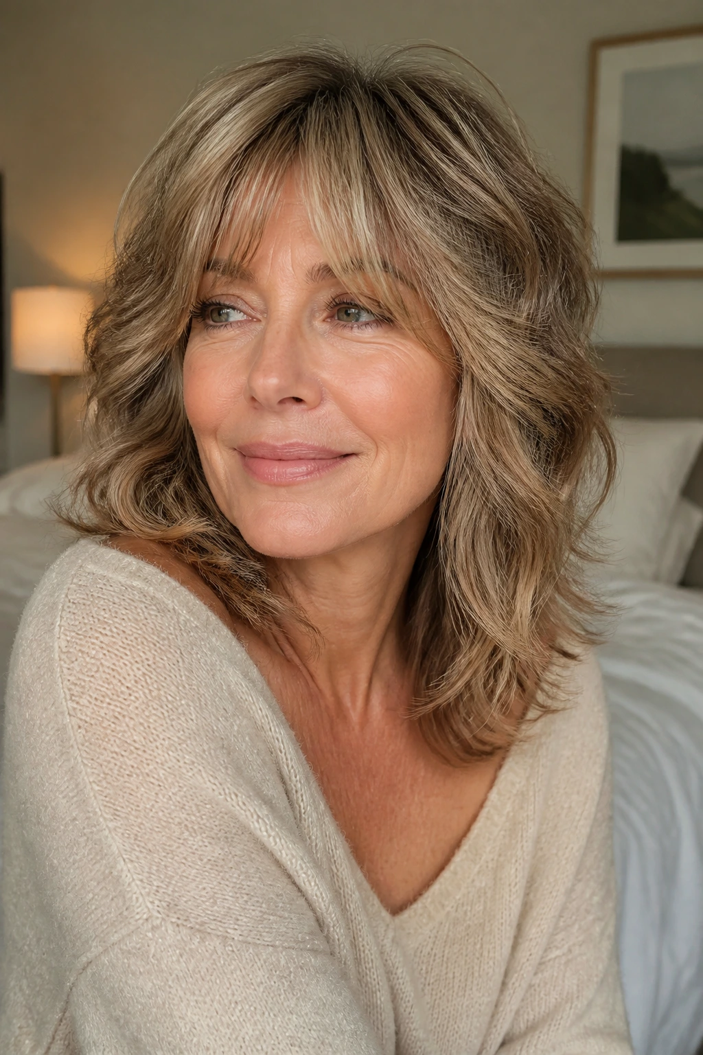 Medium close-up of a real woman with soft-layered shag