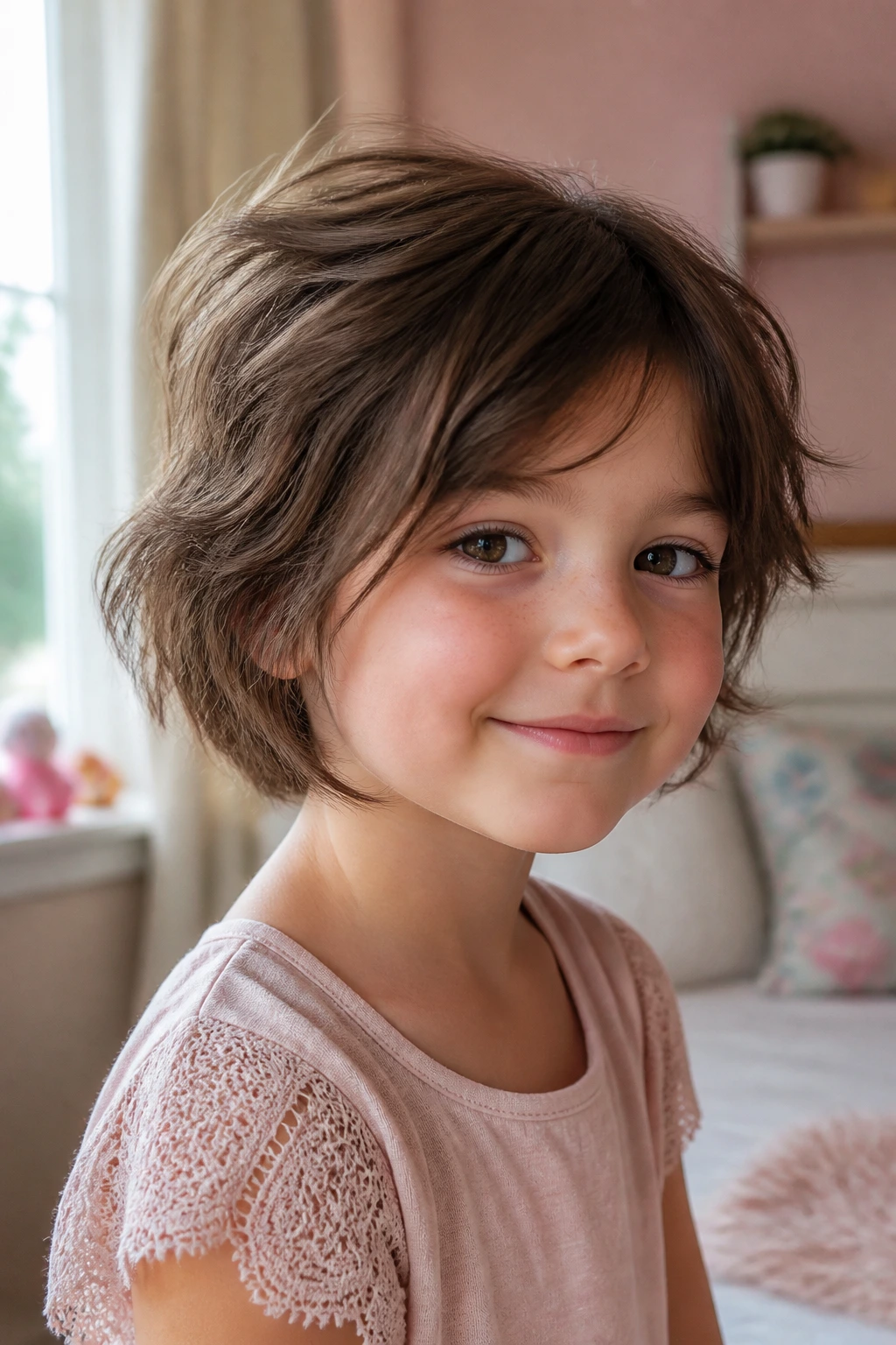 Close-up portrait of a young girl with soft shag hairstyle