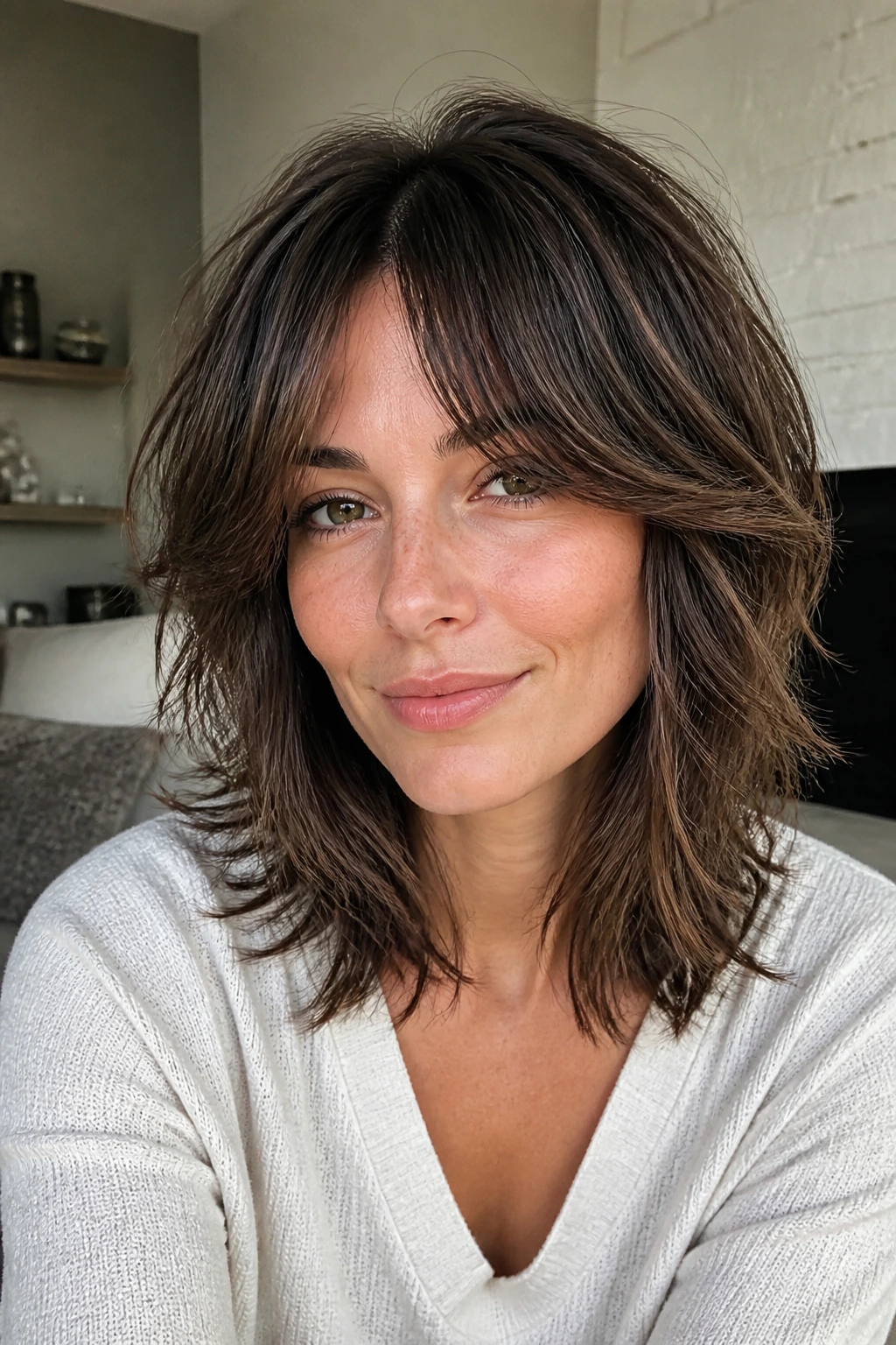 Close-up of a woman with soft shag and curtain bangs at shoulder length