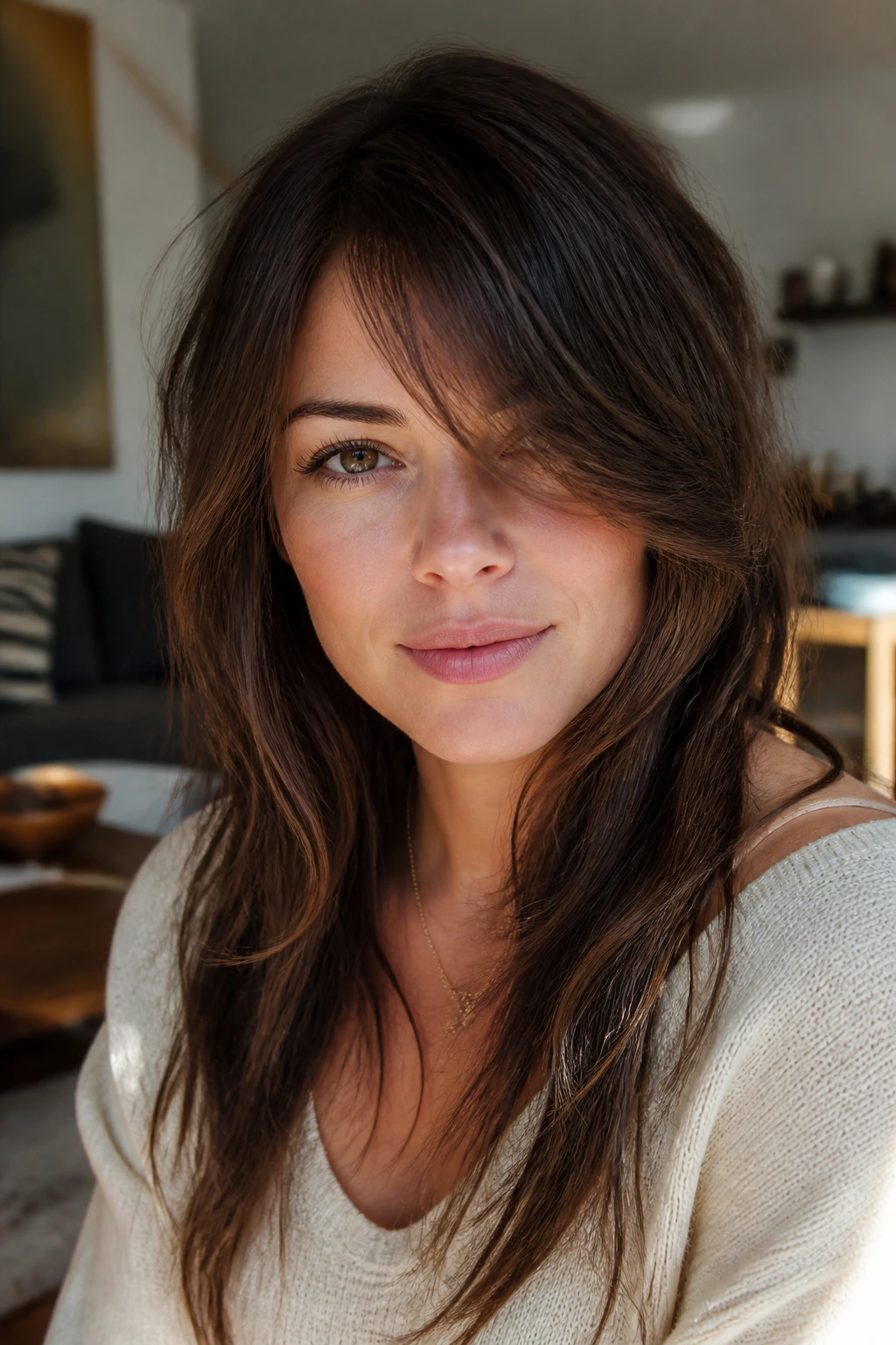 Close-up of a real woman with soft shag side bangs for movement and texture