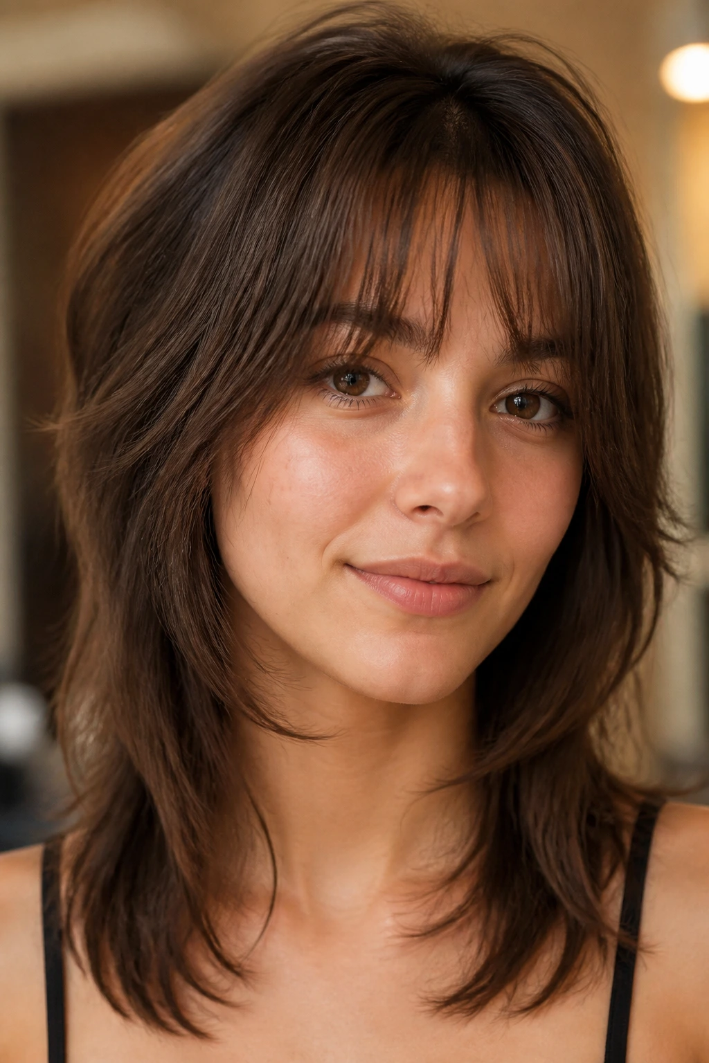 Real person wearing a soft shag hairstyle on straight hair in warm indoor light