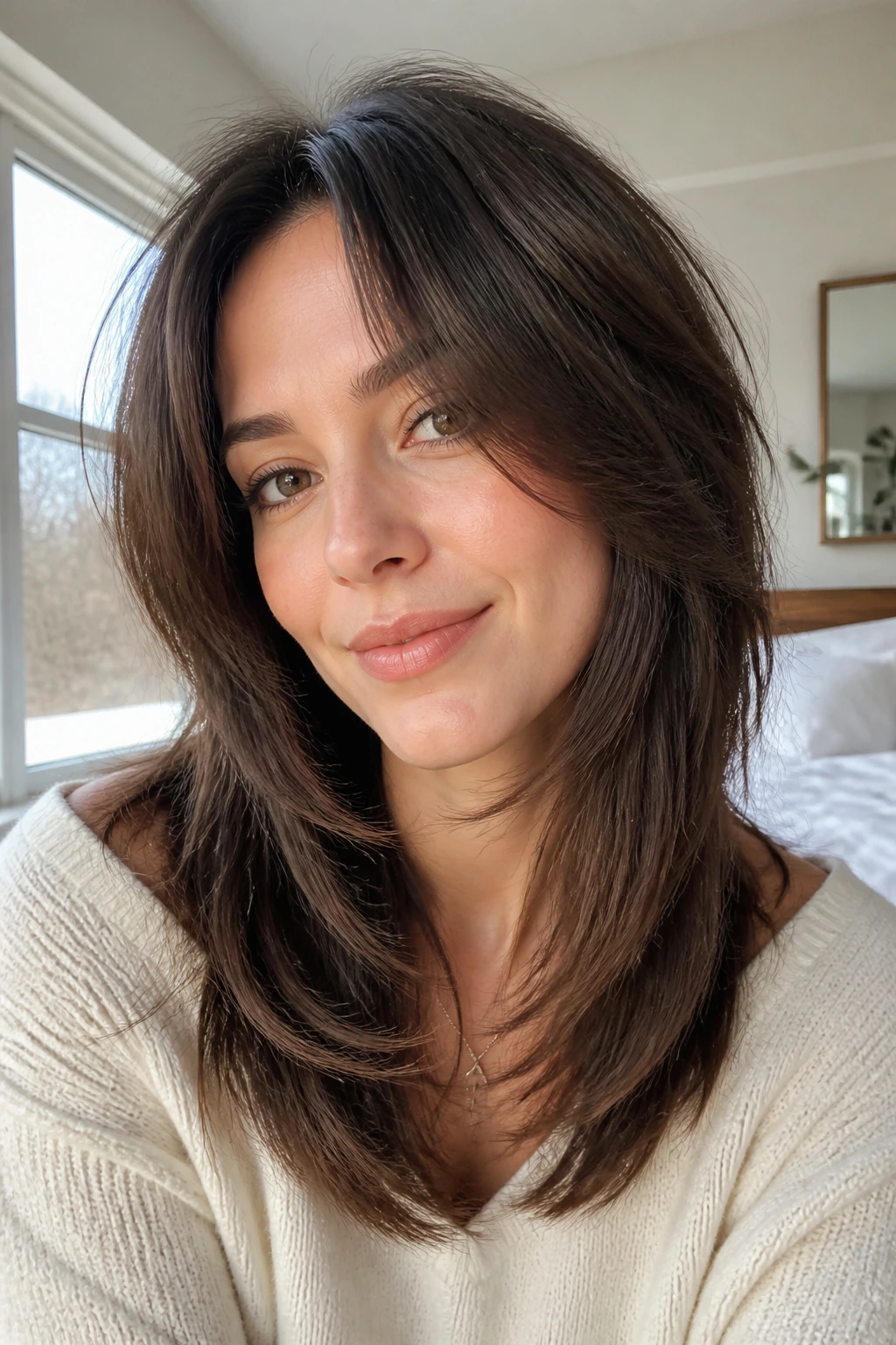 Close-up of a real woman with soft shag on straight hair showing lift at the crown in window light.