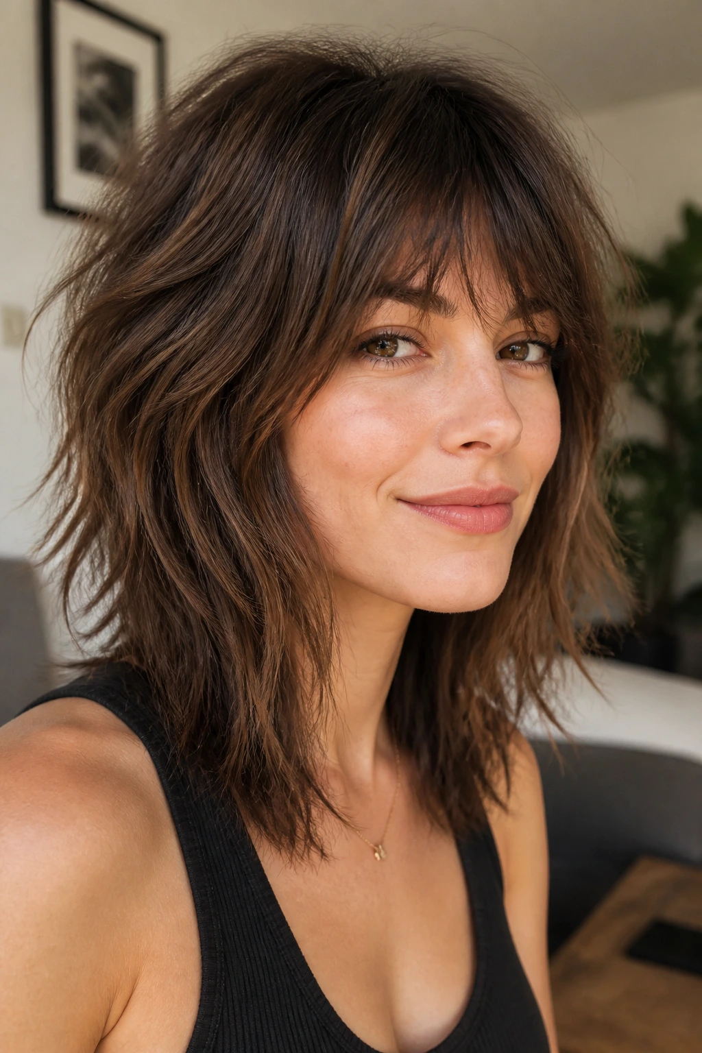 Portrait of a woman with soft shag and choppy ends in thick hair
