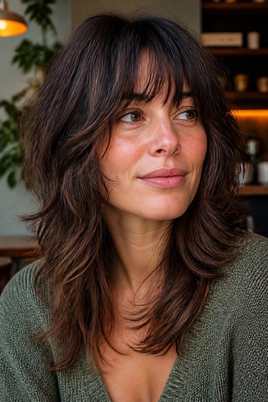 Close-up of a real woman with soft shaggy layers and wispy ends