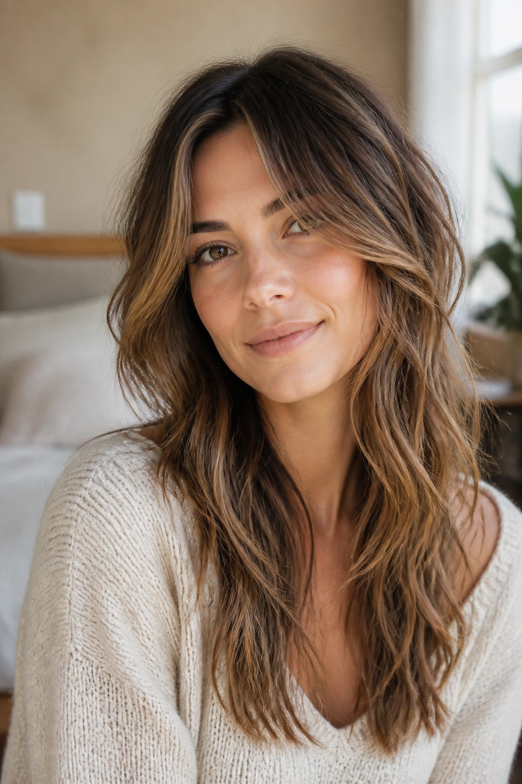 Close-up of a real woman with soft face-framing long shag and gentle waves.